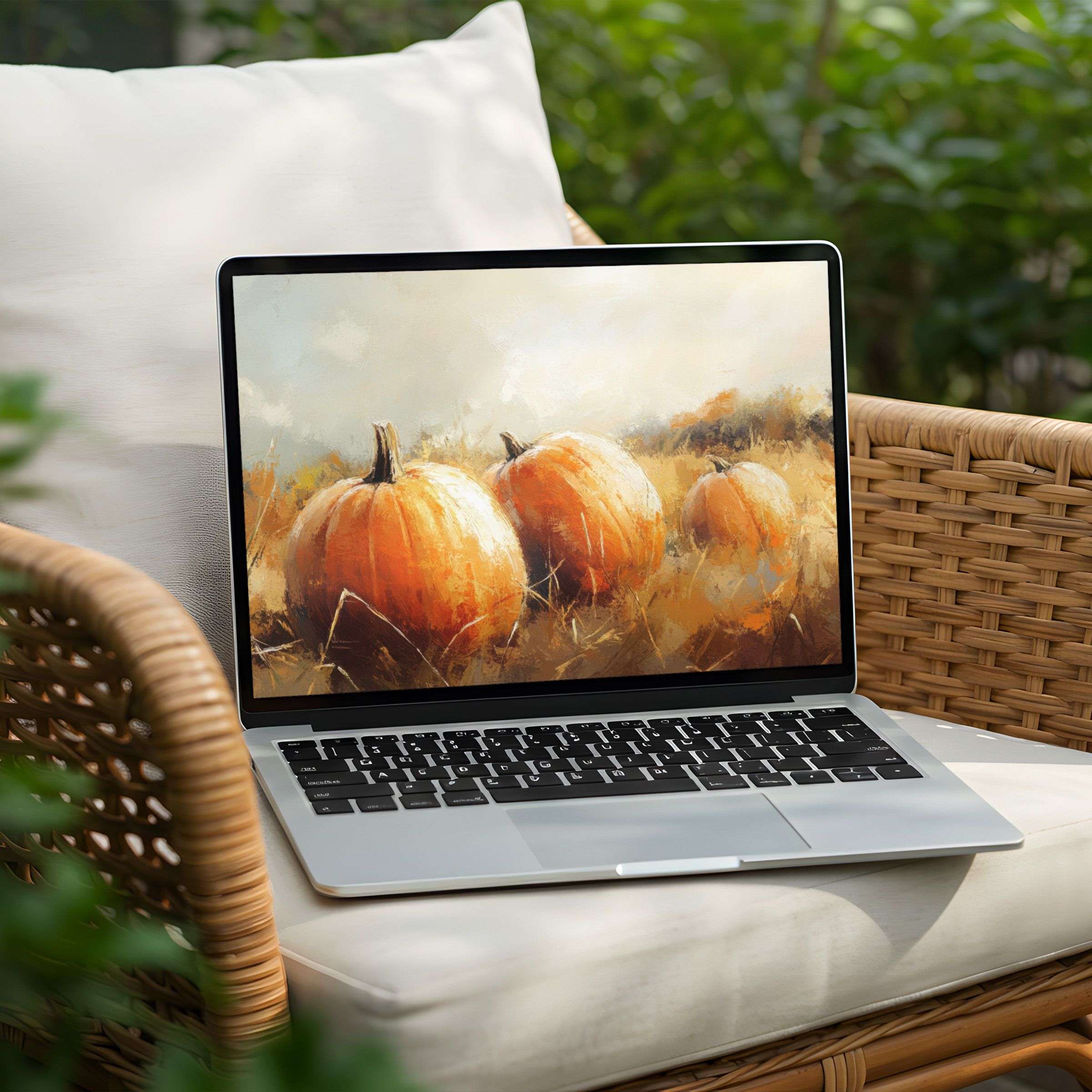 Elegant desktop background with serene pumpkin field, perfect for PC and Laptop decor; instant download brings calm inspiration
