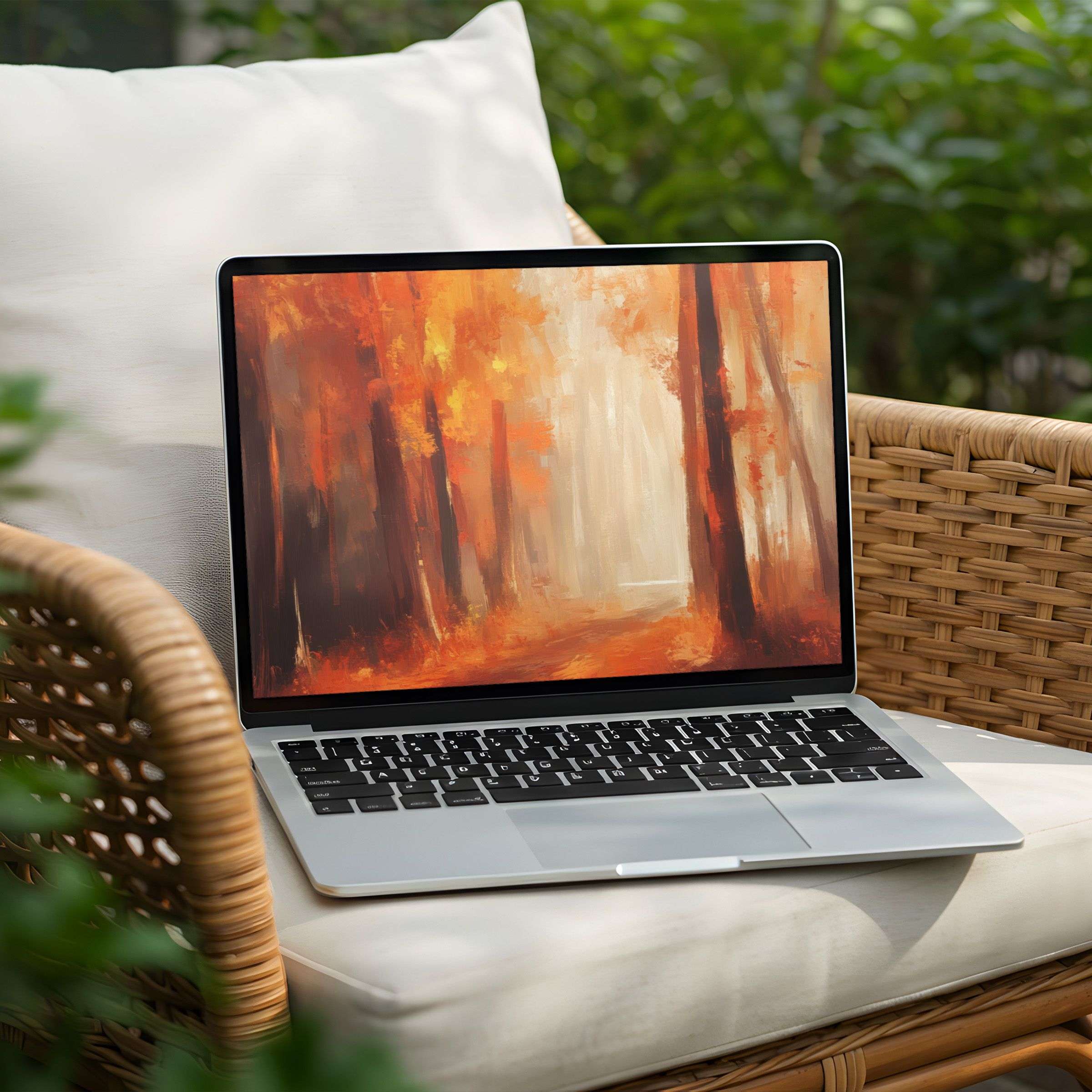 Warm autumnal forest painting as a desktop background for PC or Laptop instant download to inspire elegance and mindfulness
