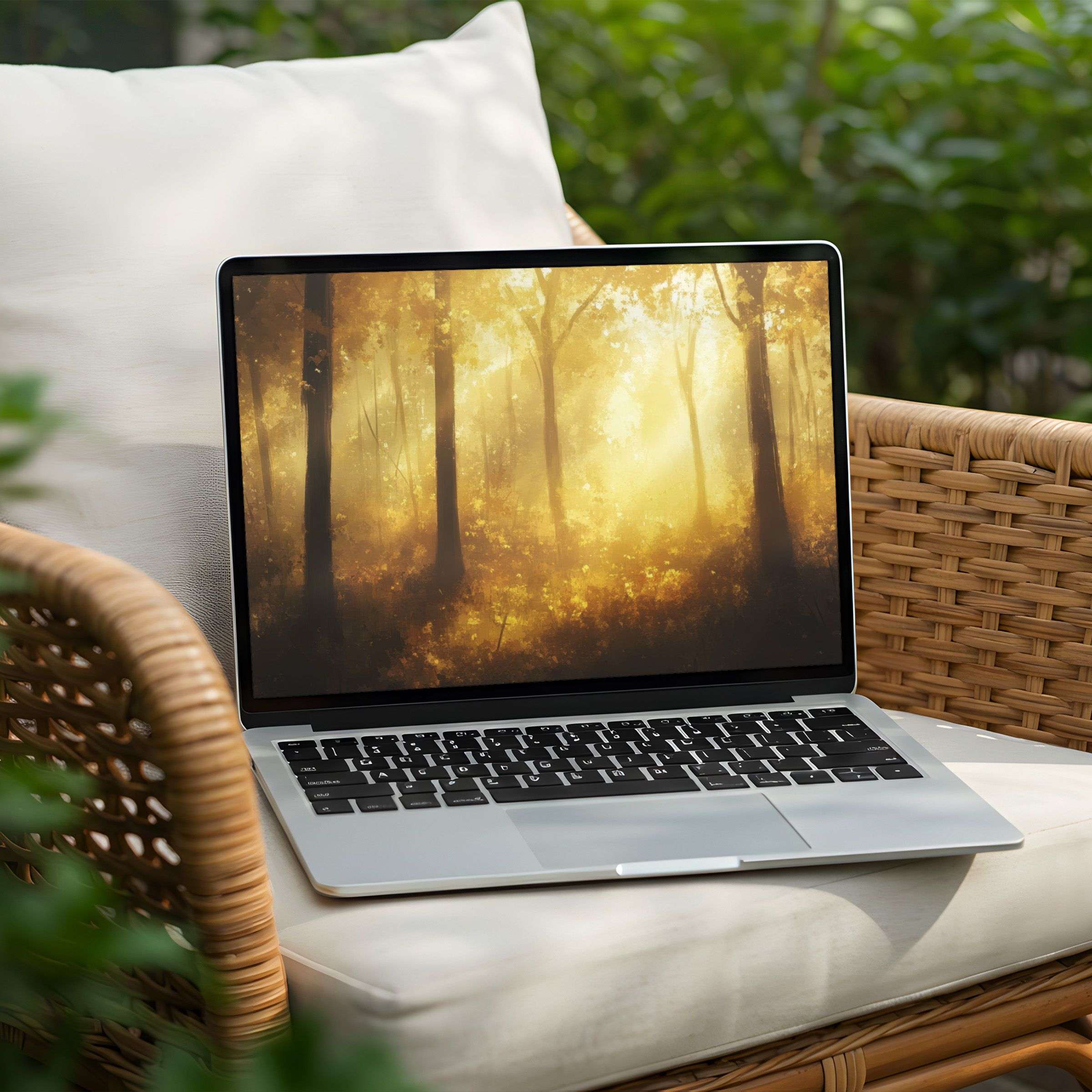 Instant download serene forest desktop background for PC or Laptop inspiring calm and elegance with golden hues