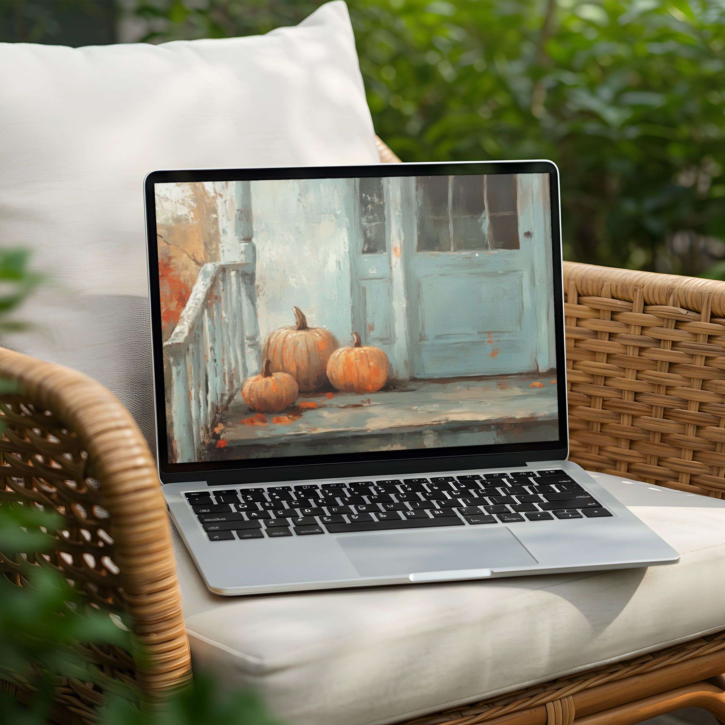 Elegant pumpkins on a rustic porch create a serene desktop background for PC or Laptop instant download for mindful inspiration