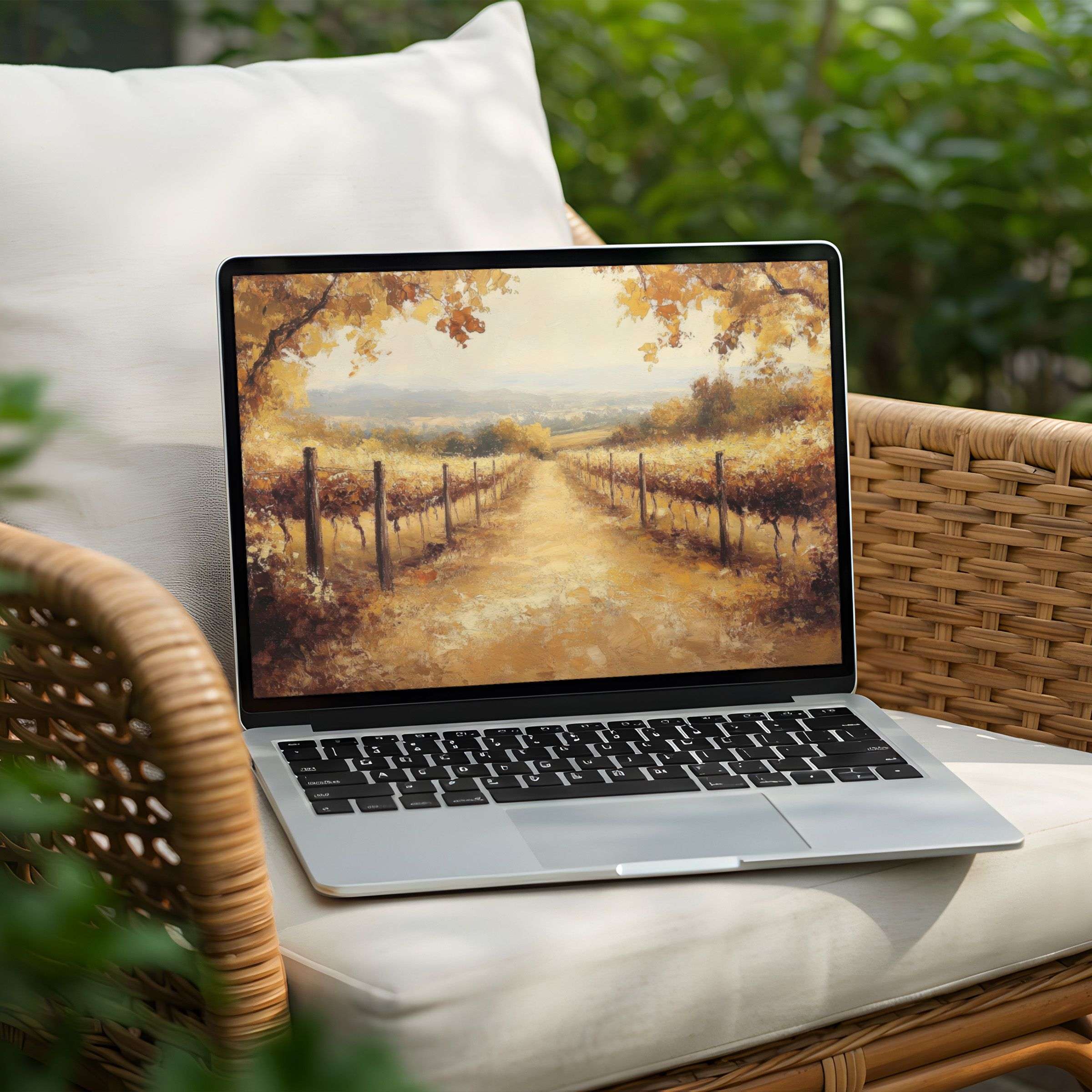 Elegant vineyard scene desktop background for instant download elevates PC and Laptop mindfulness with warm, calming tones