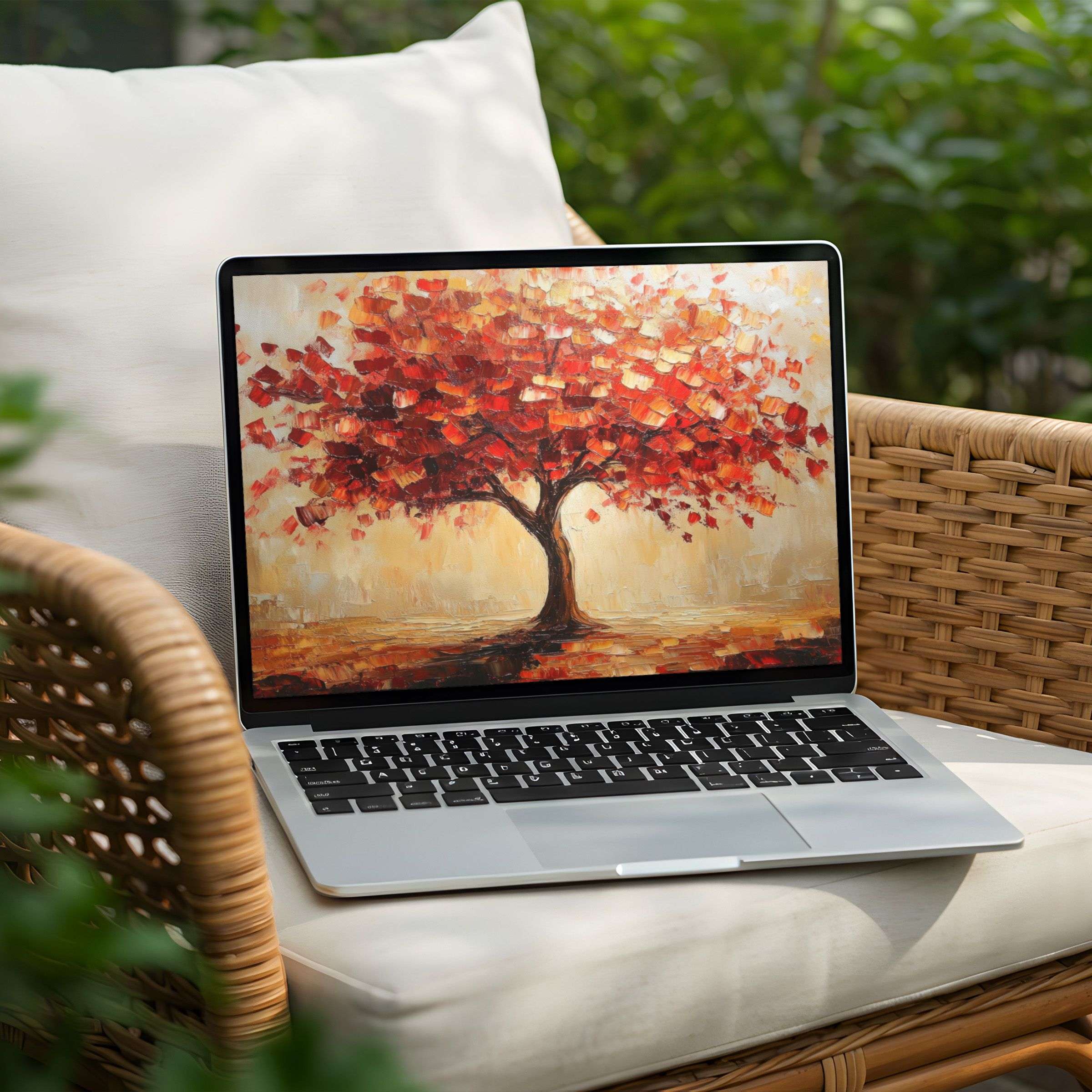 Elegant autumn tree painting as desktop background for PC or Laptop, offering instant download for mindful inspiration