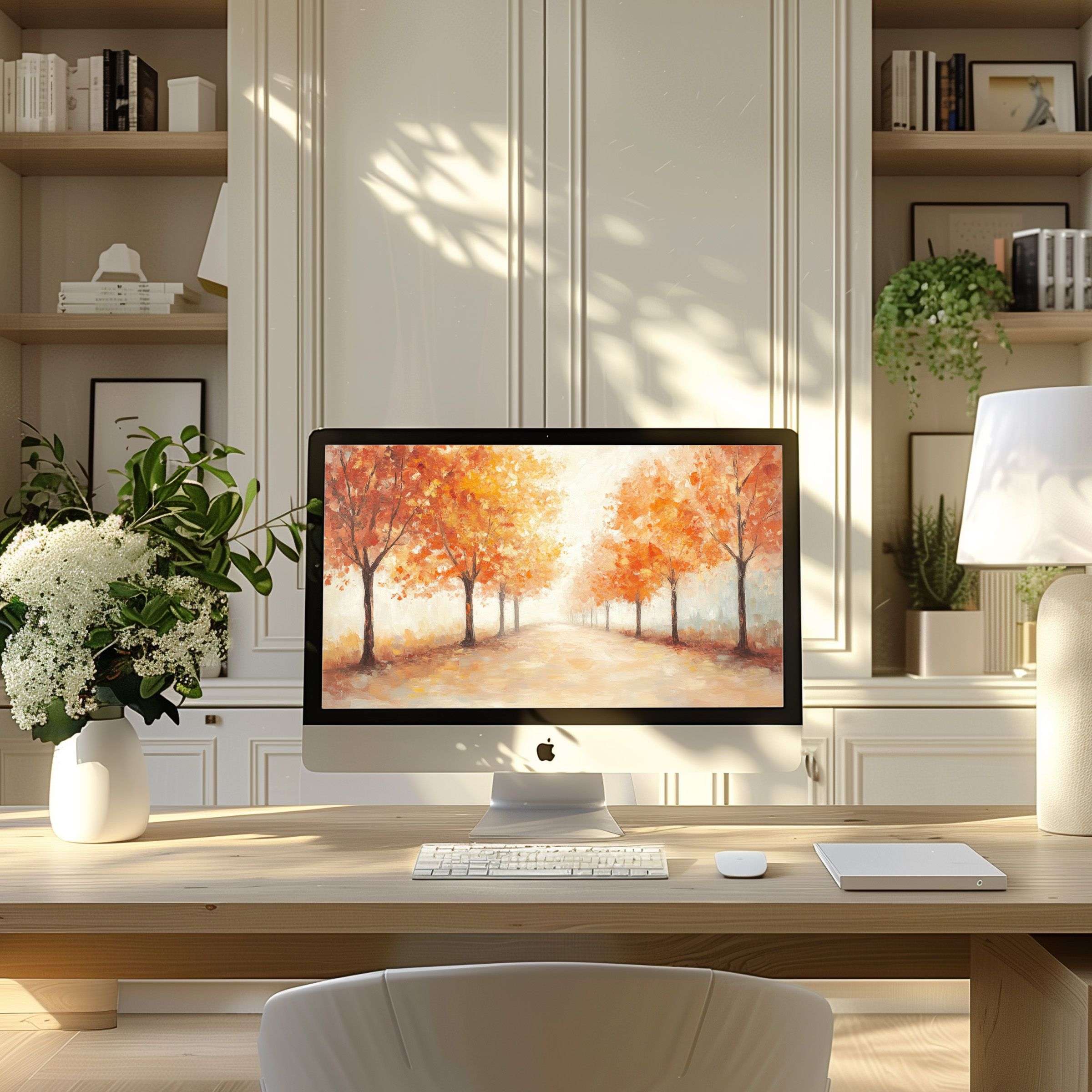 Autumn landscape digital art as wallpaper for computer adds calm elegance to modern home office, fits PC, laptop, ultrawide