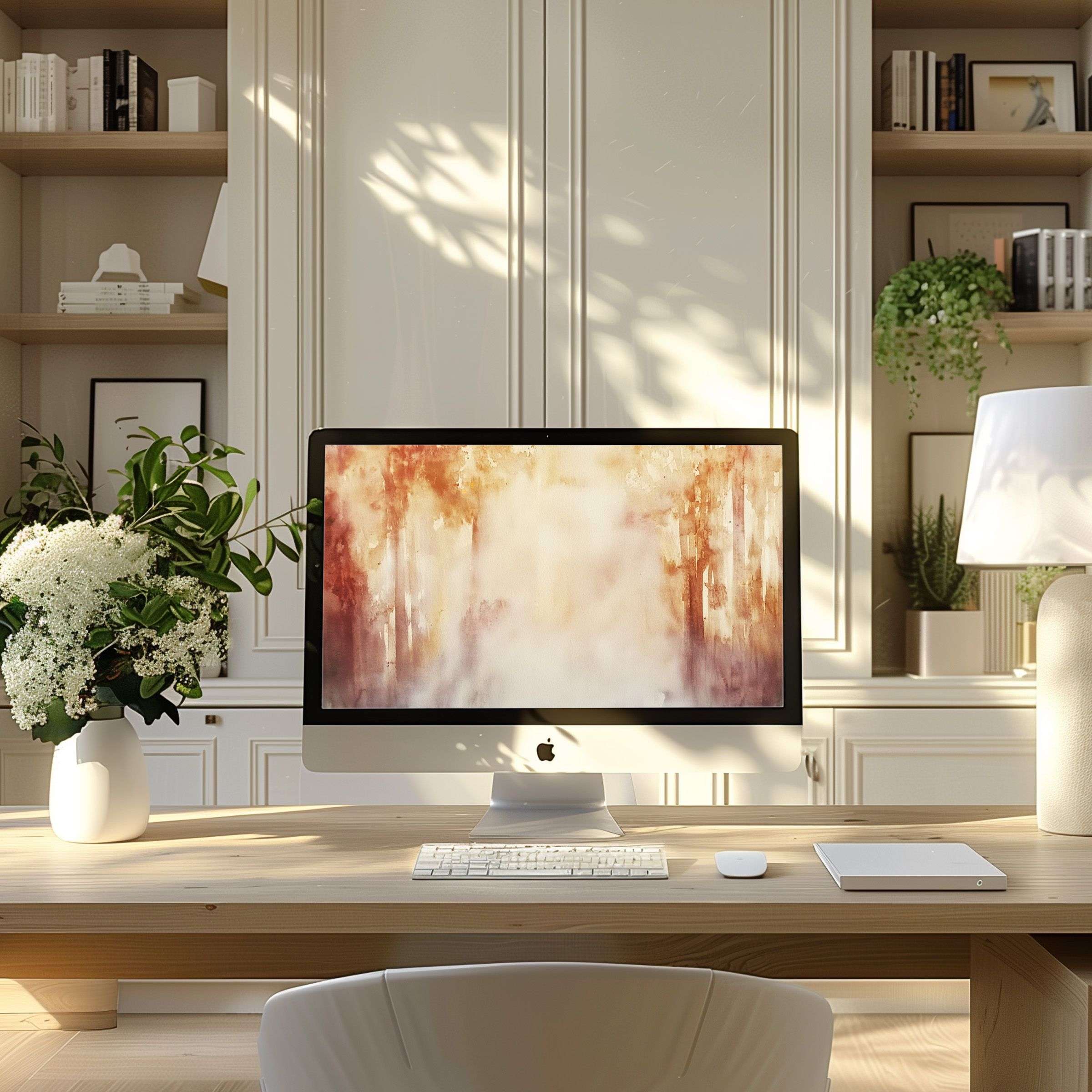 Elegant abstract art in warm tones, enhancing a modern home office for calm with a digital wallpaper for computer, PC, laptop