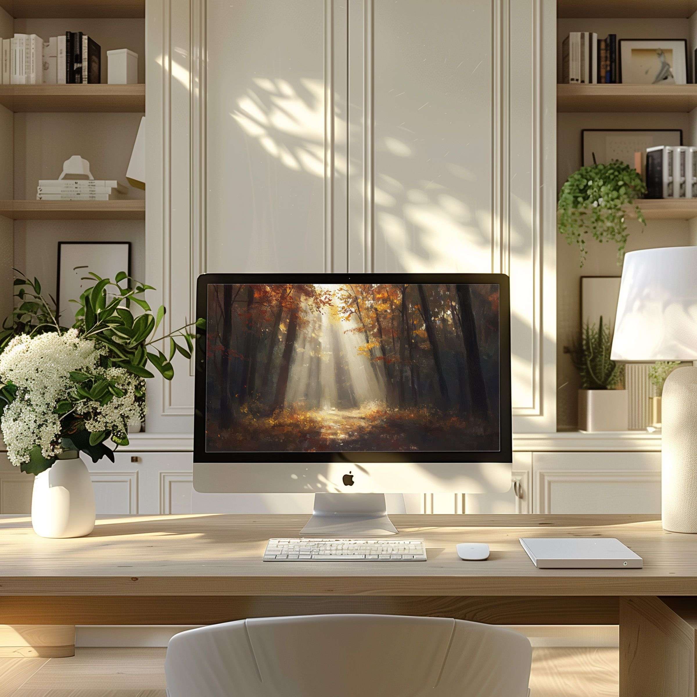 Elegant forest-themed wallpaper for computer, PC, laptop in a serene modern home office inspires calm and creativity with digital download