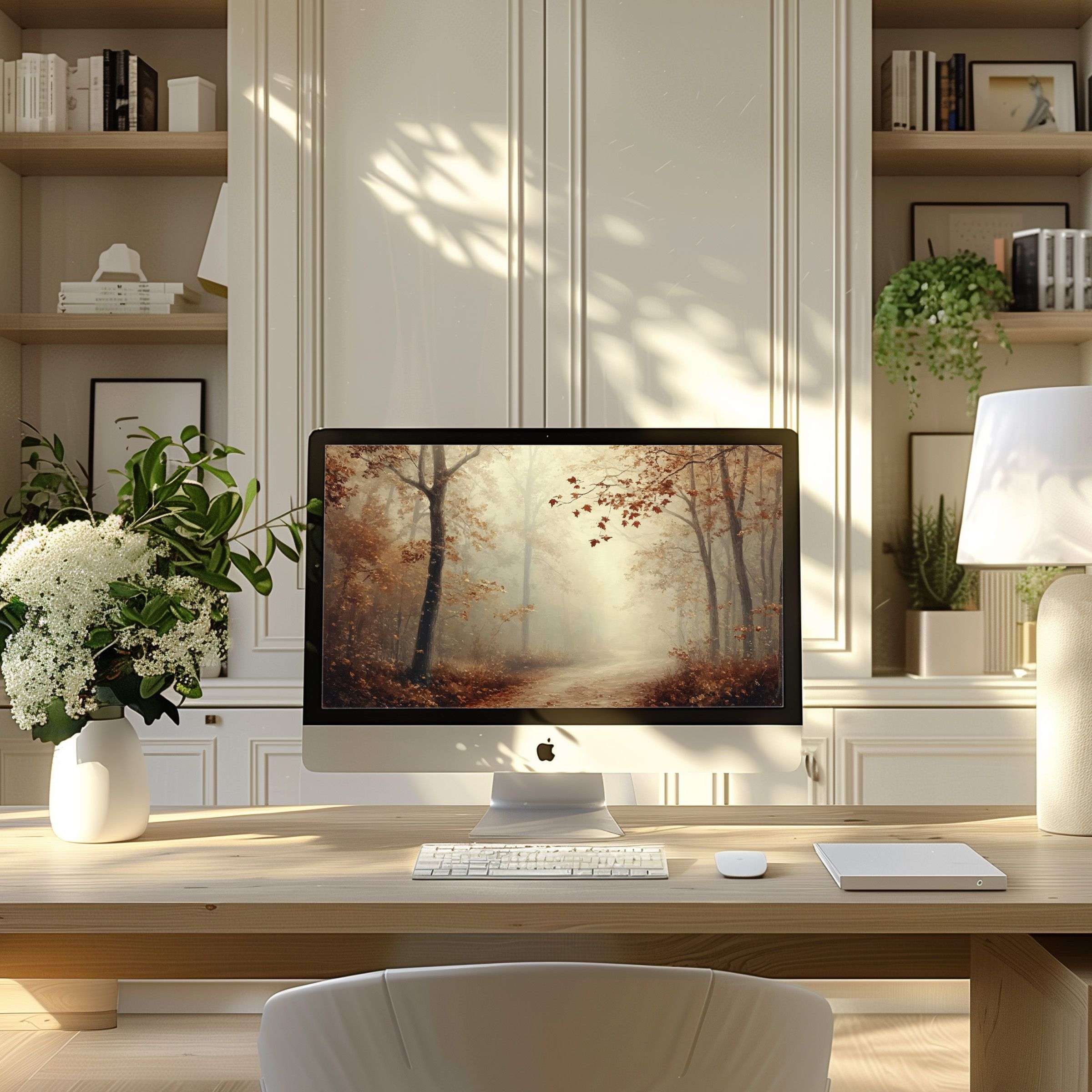 Inspire tranquility with this autumn forest wallpaper for computer, ideal for PC and Laptop, enhancing any modern home office space