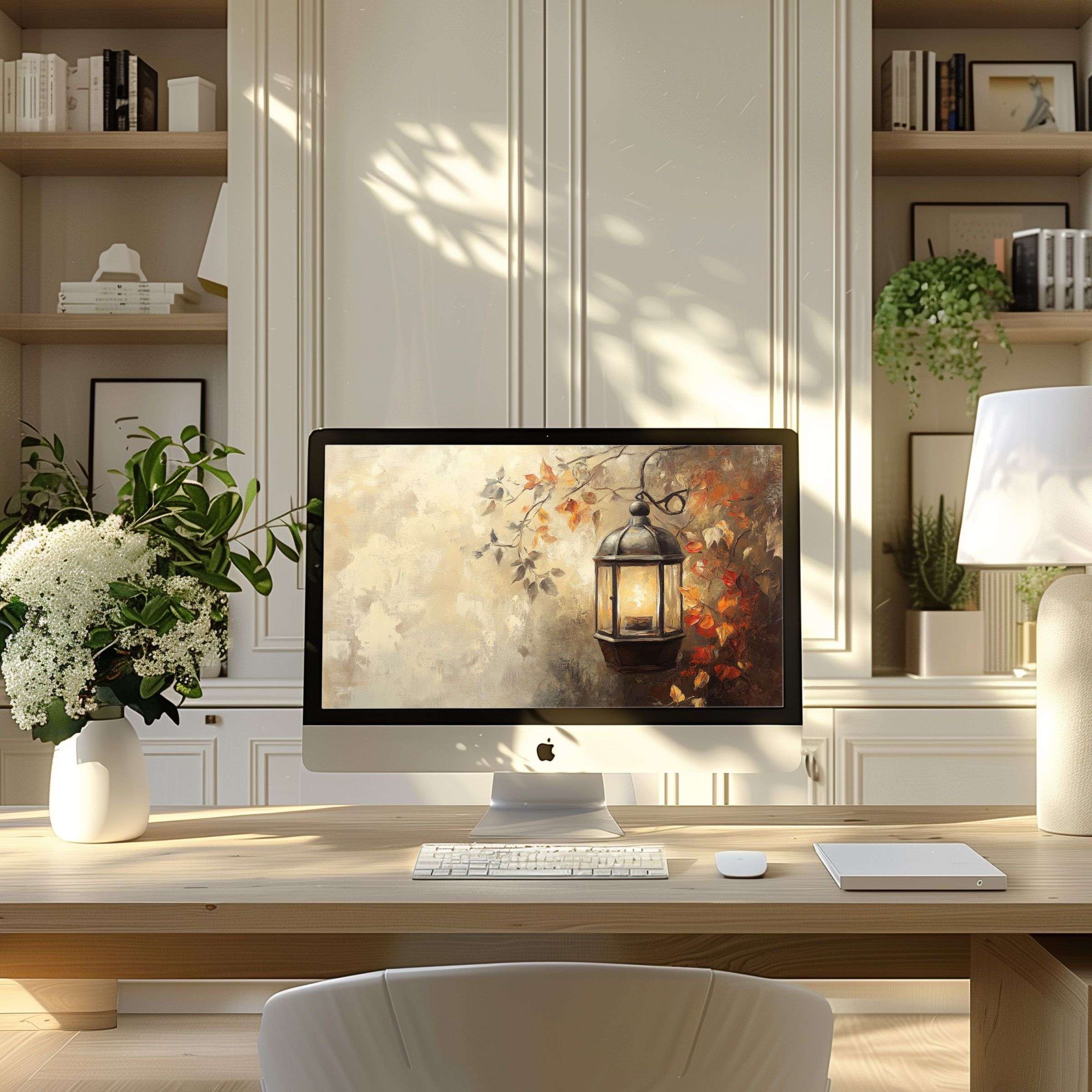 Elegant autumn lantern artwork as wallpaper for computer enhances calm in modern home office perfect for PC or Laptop use