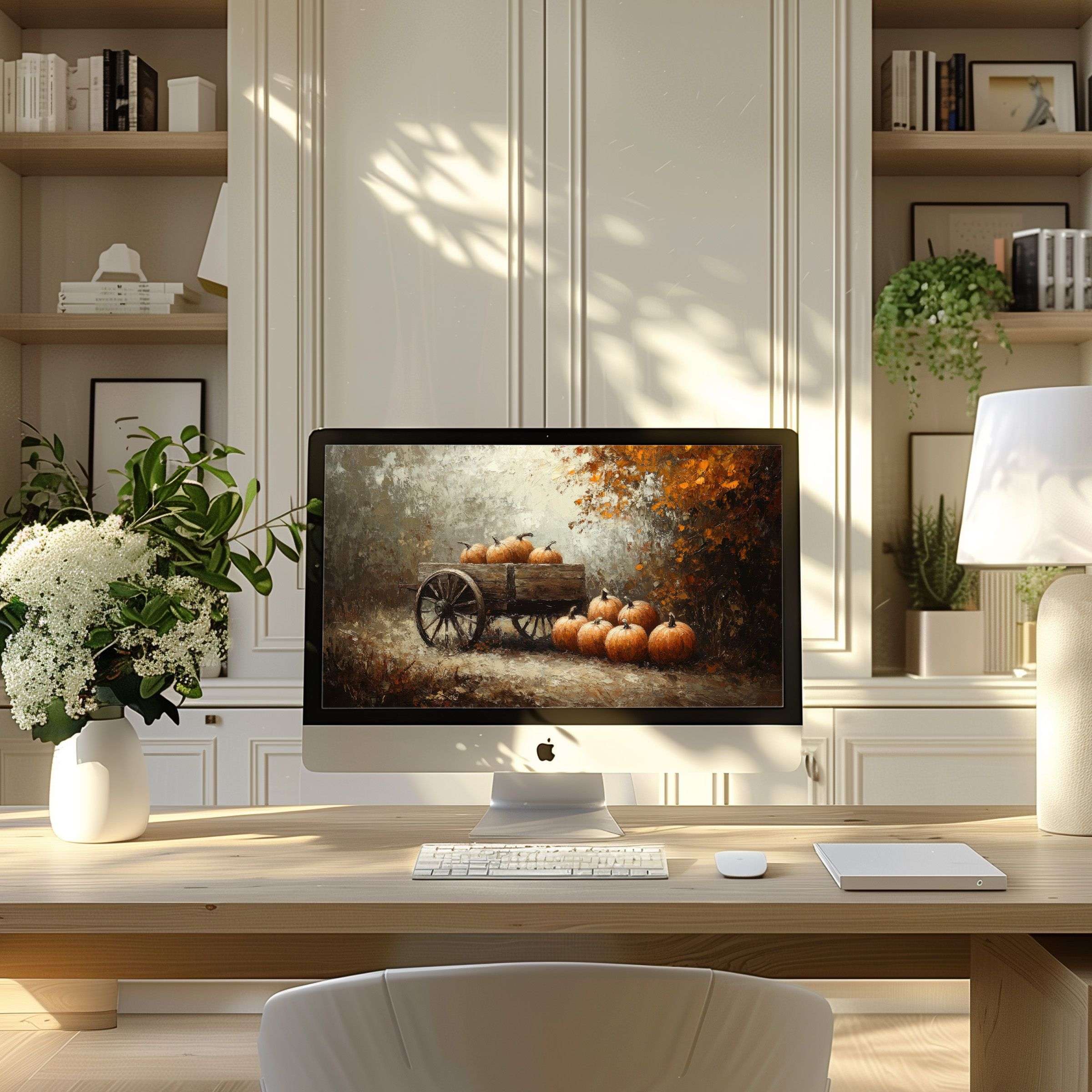 Elegant autumn-themed wallpaper for computer with pumpkins and cart enhances PC and laptop in serene modern home office