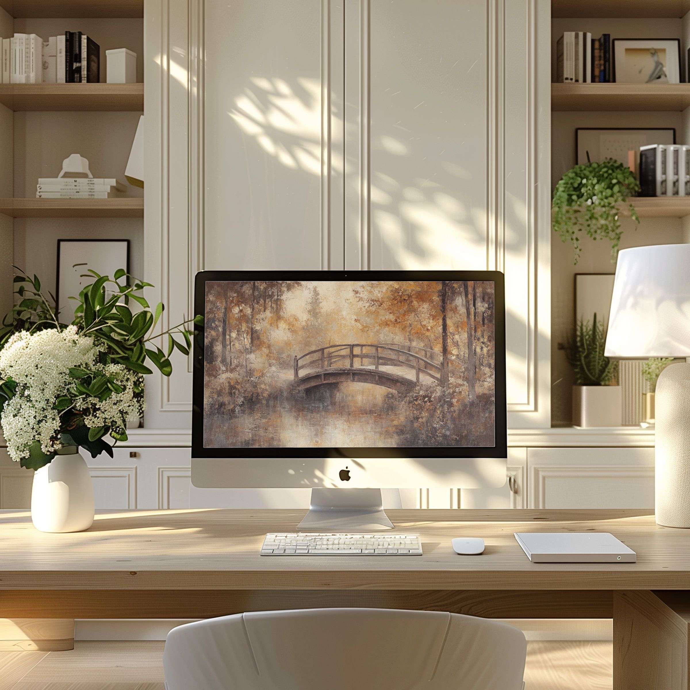 Elegant autumn bridge wallpaper for computer enhances modern home office calm on PC, laptop, ultrawide—digital download ready