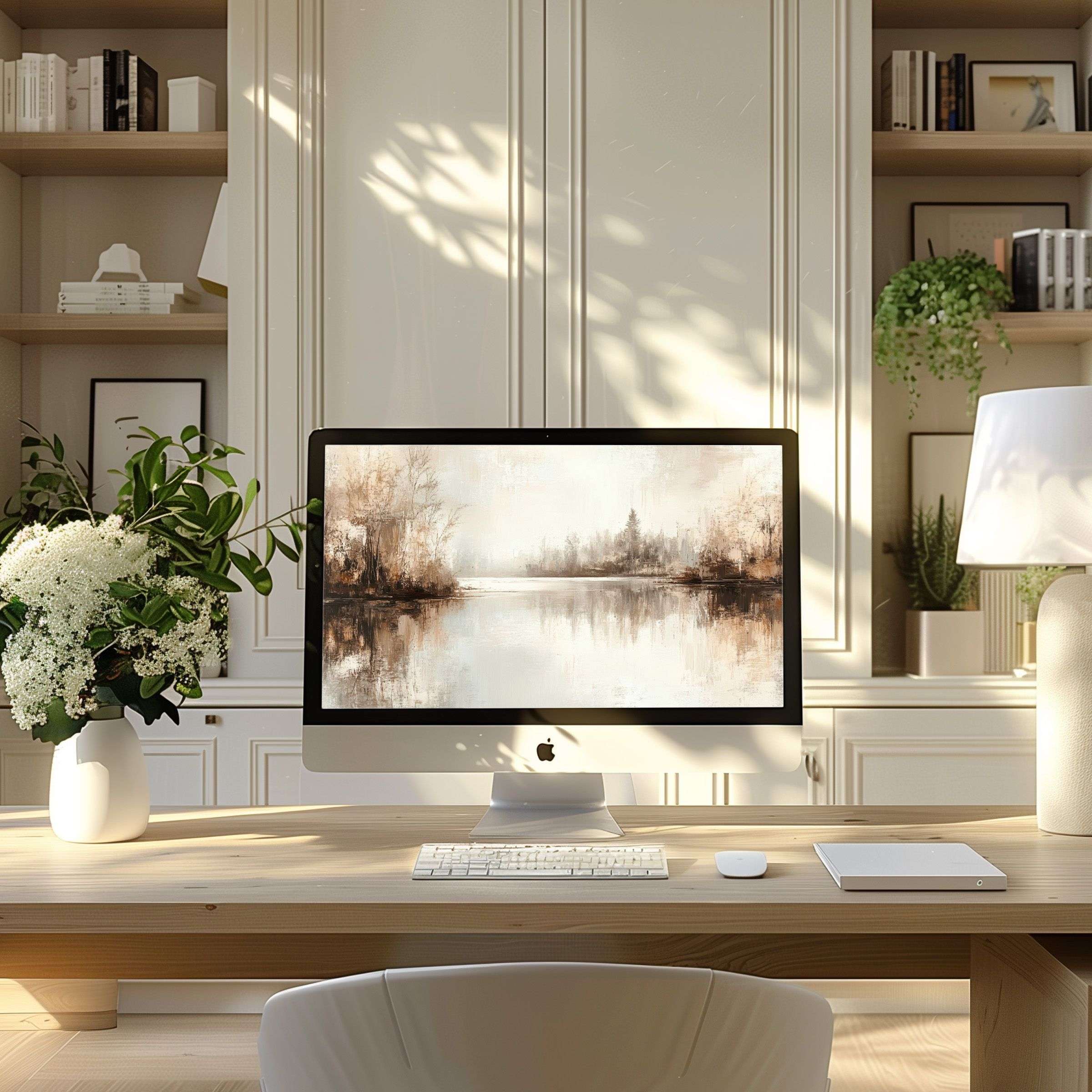 Elegant landscape artwork wallpaper for computer inspires calm, enhances modern home office, fits PC and laptop digital download