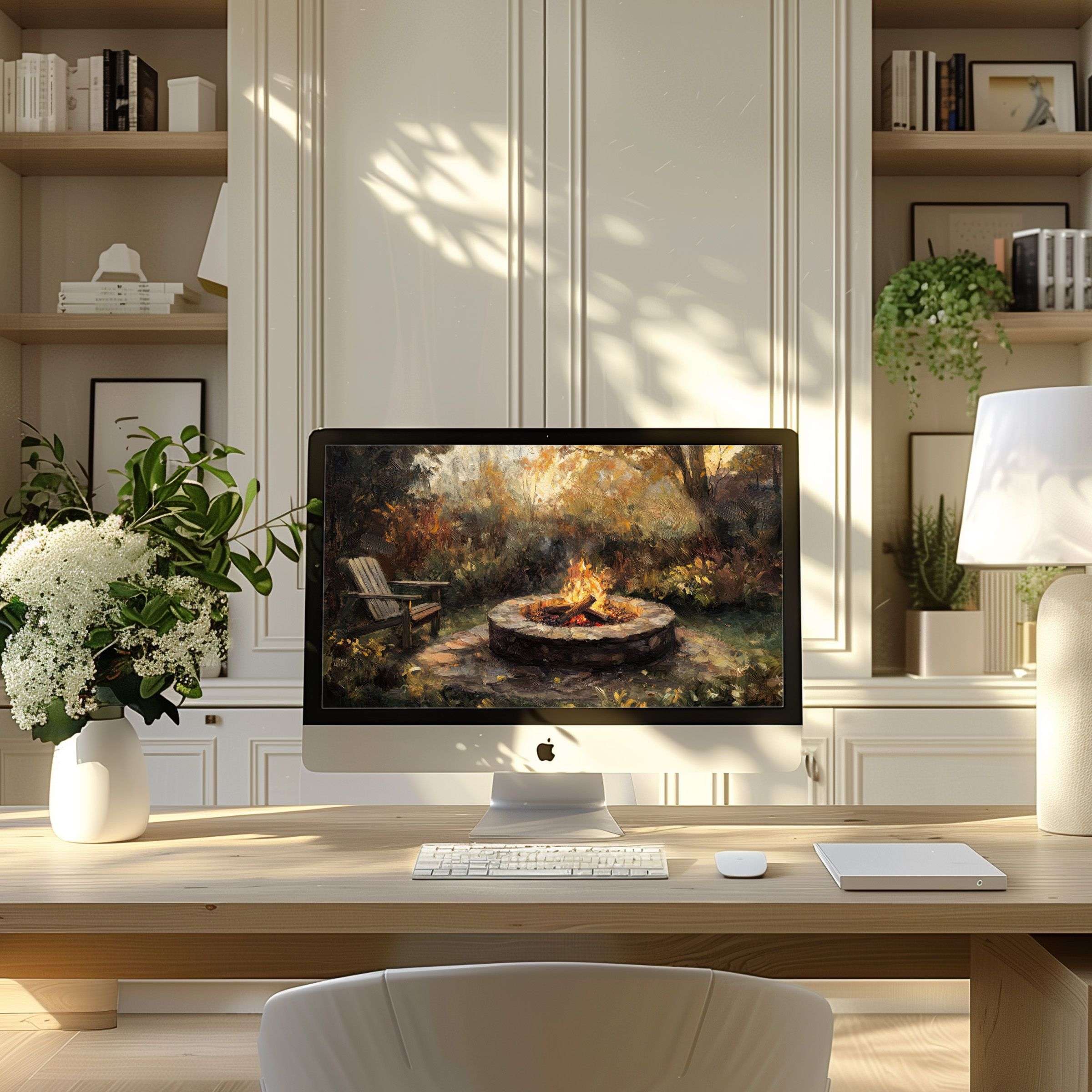 Elegant digital art wallpaper for computer and laptop, showcasing a calming fire motif in a modern home office for PC setup