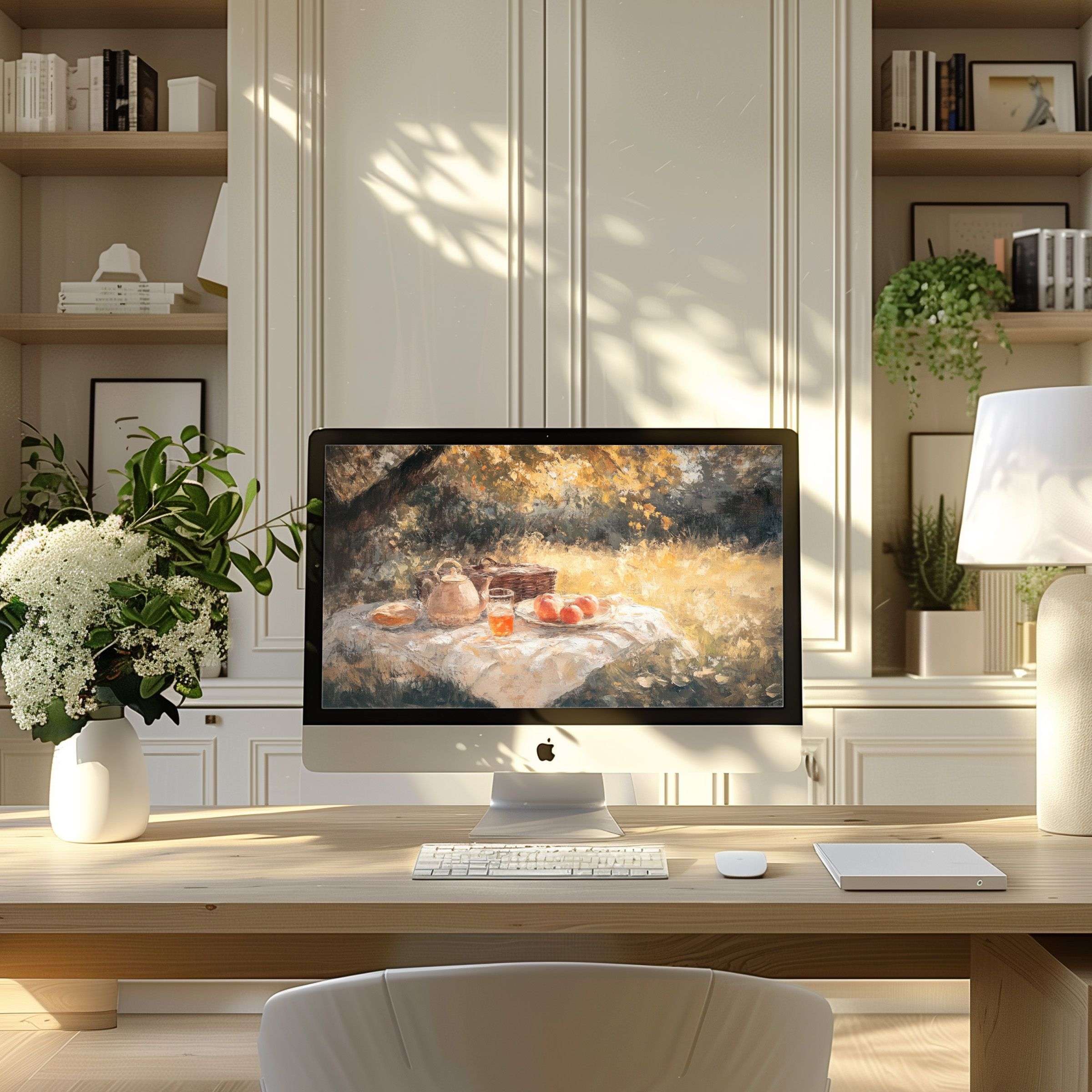 Elegant wallpaper for computer features serene watercolor picnic scene, perfect for PC and laptop, enhancing calm in modern home office