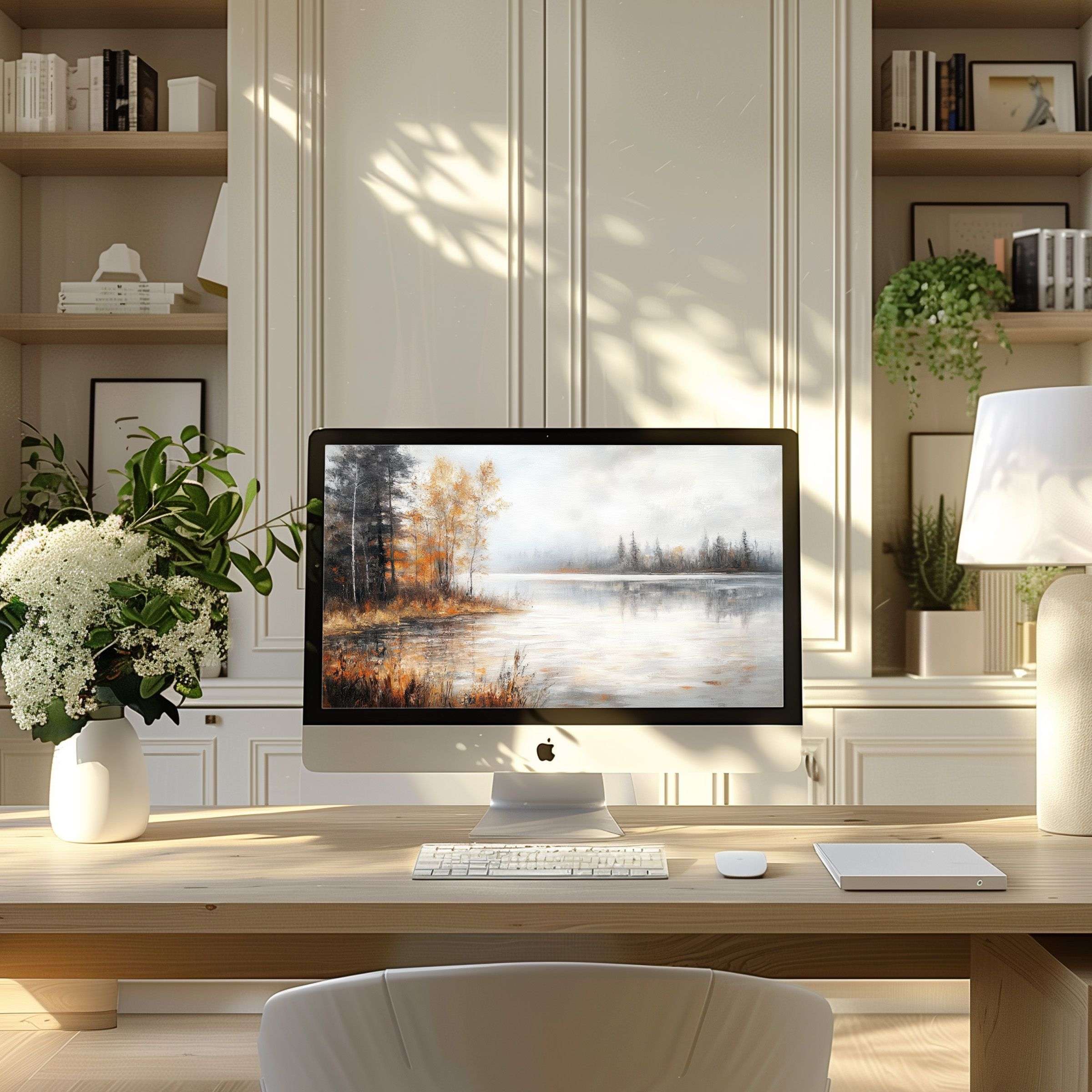 Elegant landscape painting wallpaper for computer enhances modern home office, inspiring calm, suits PC and laptop, digital download