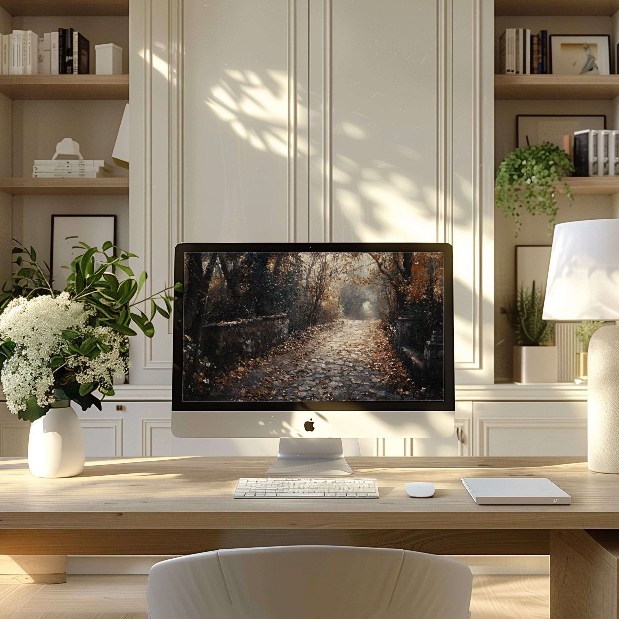 Elegant digital art wallpaper for computer depicting a serene autumn path scene fits PC, laptop, ultrawide, inspiring home office setup