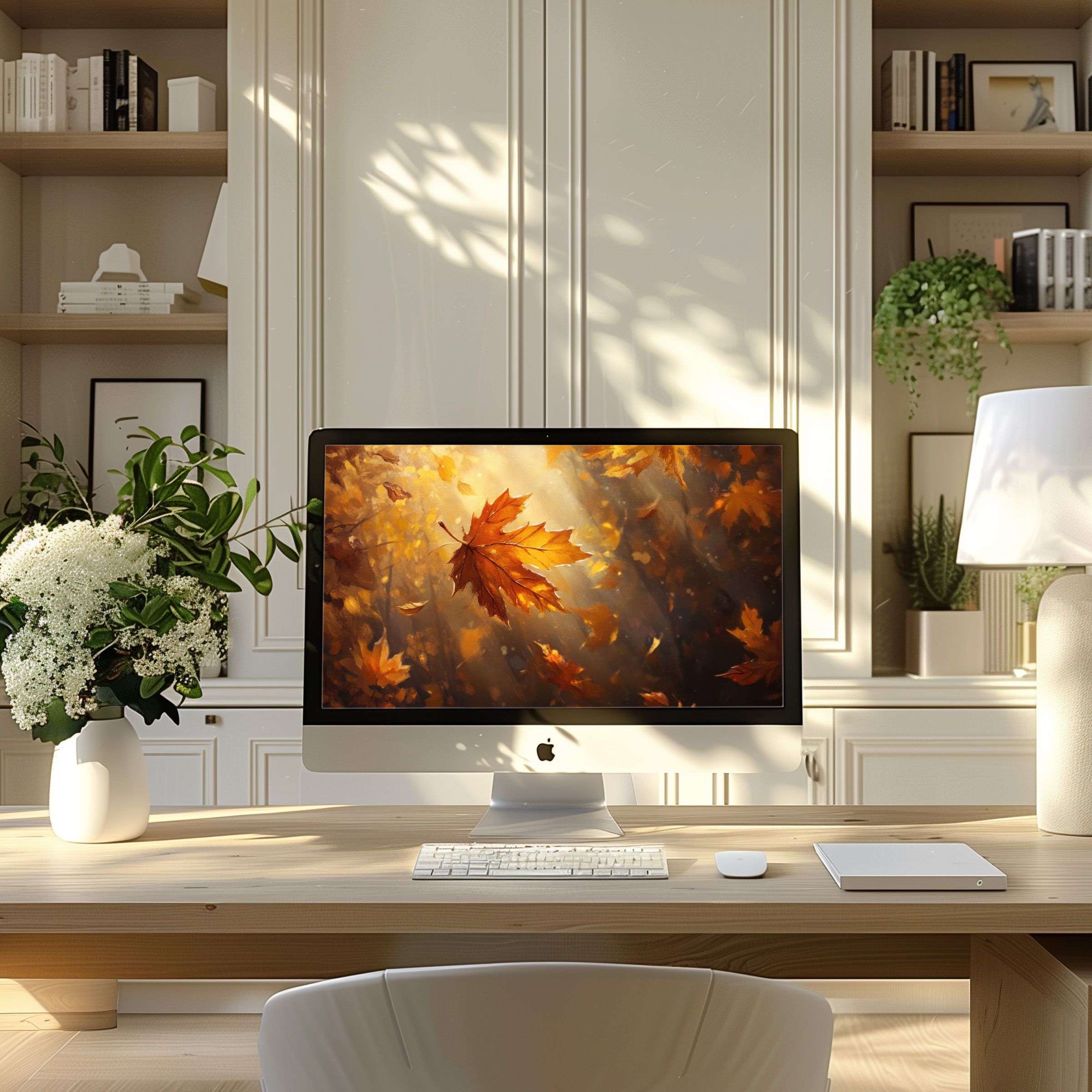 Elegant autumn leaf artwork as wallpaper for computer, PC, or laptop adds calm and inspiration to your modern home office space