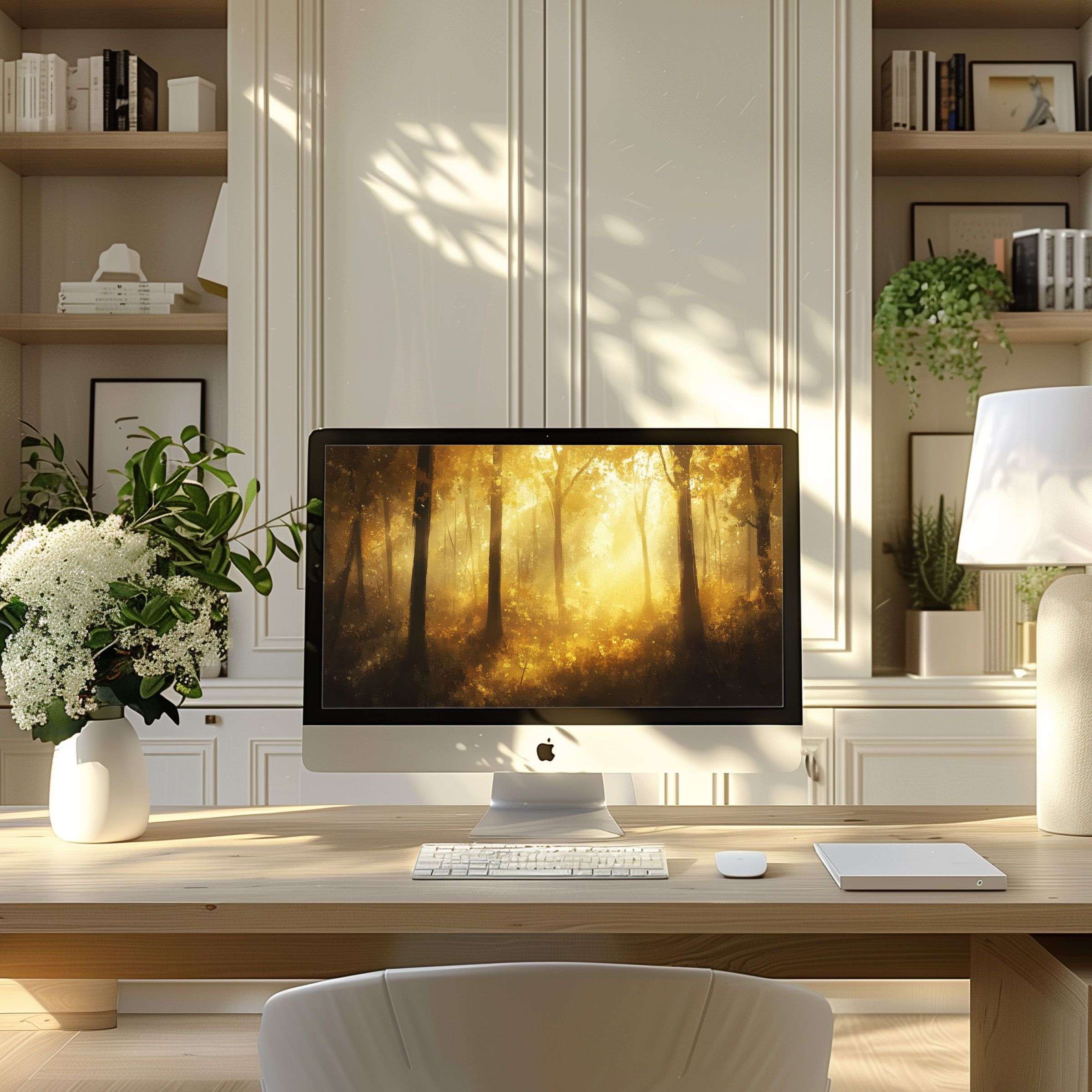 Golden forest-themed wallpaper for computer elevates any modern home office with elegance and serenity, ideal for PC or laptop use
