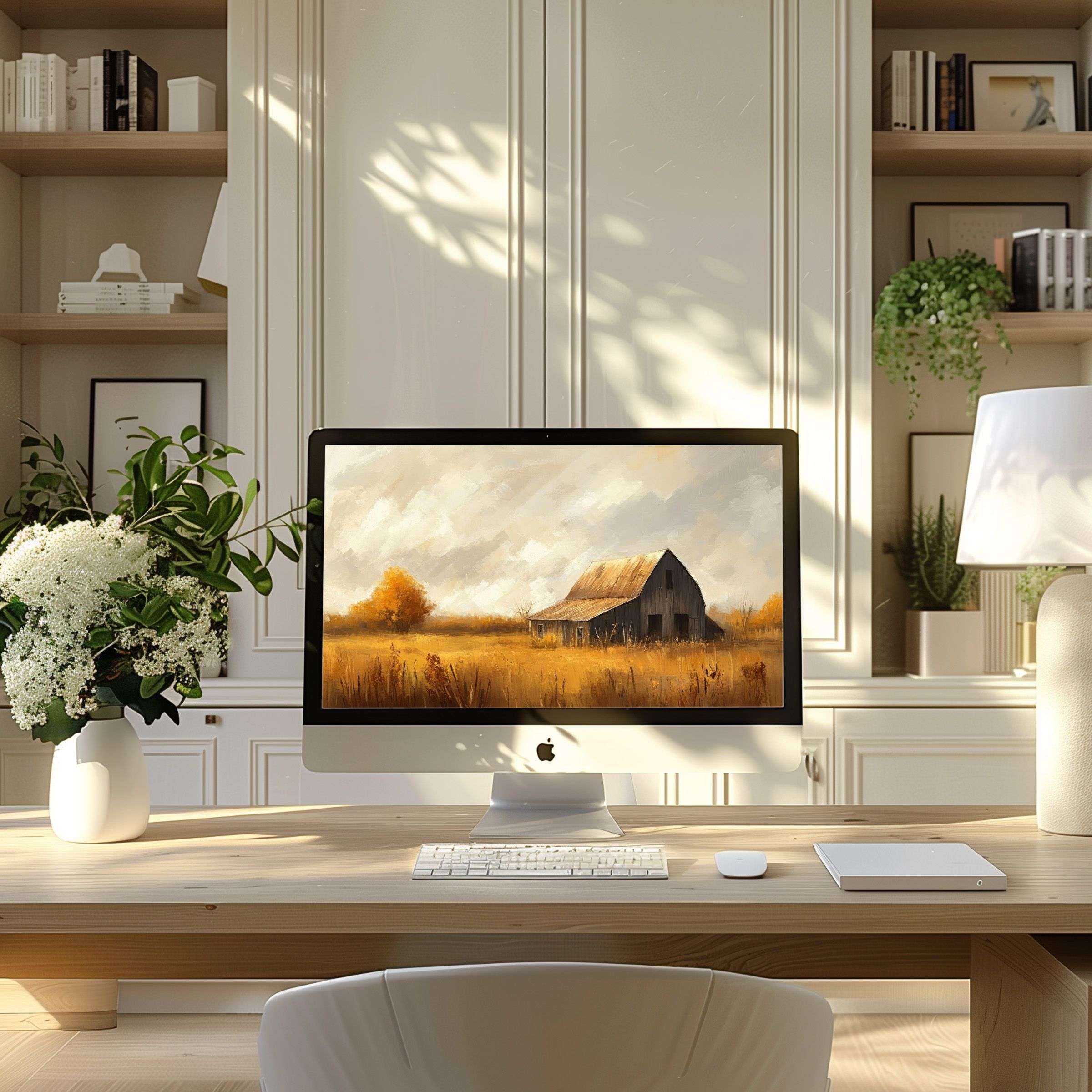 Elegant wallpaper for computer featuring a serene barn scene ideal for PC and laptop use, inspiring calm in a modern home office
