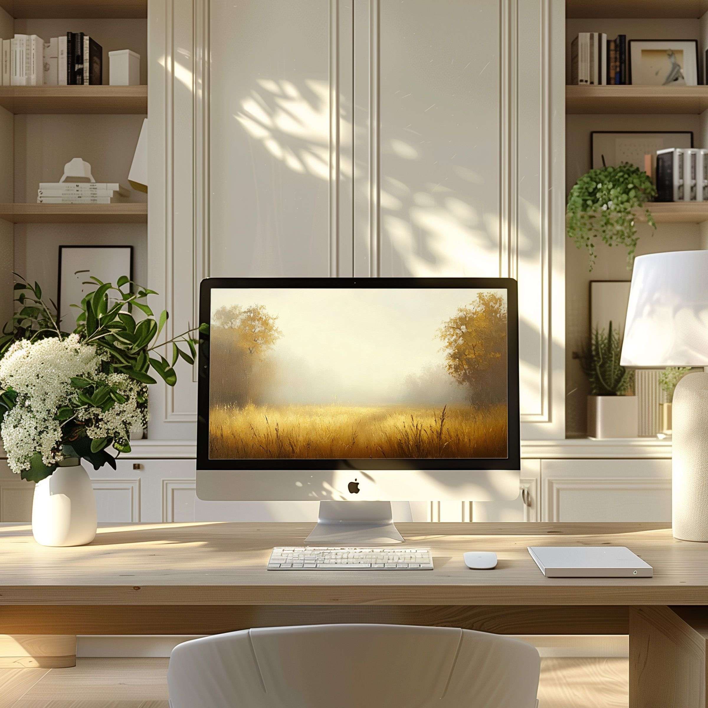 Serene landscape wallpaper for computer enhances a modern home office, fitting PC and Laptop use for tranquil digital inspiration