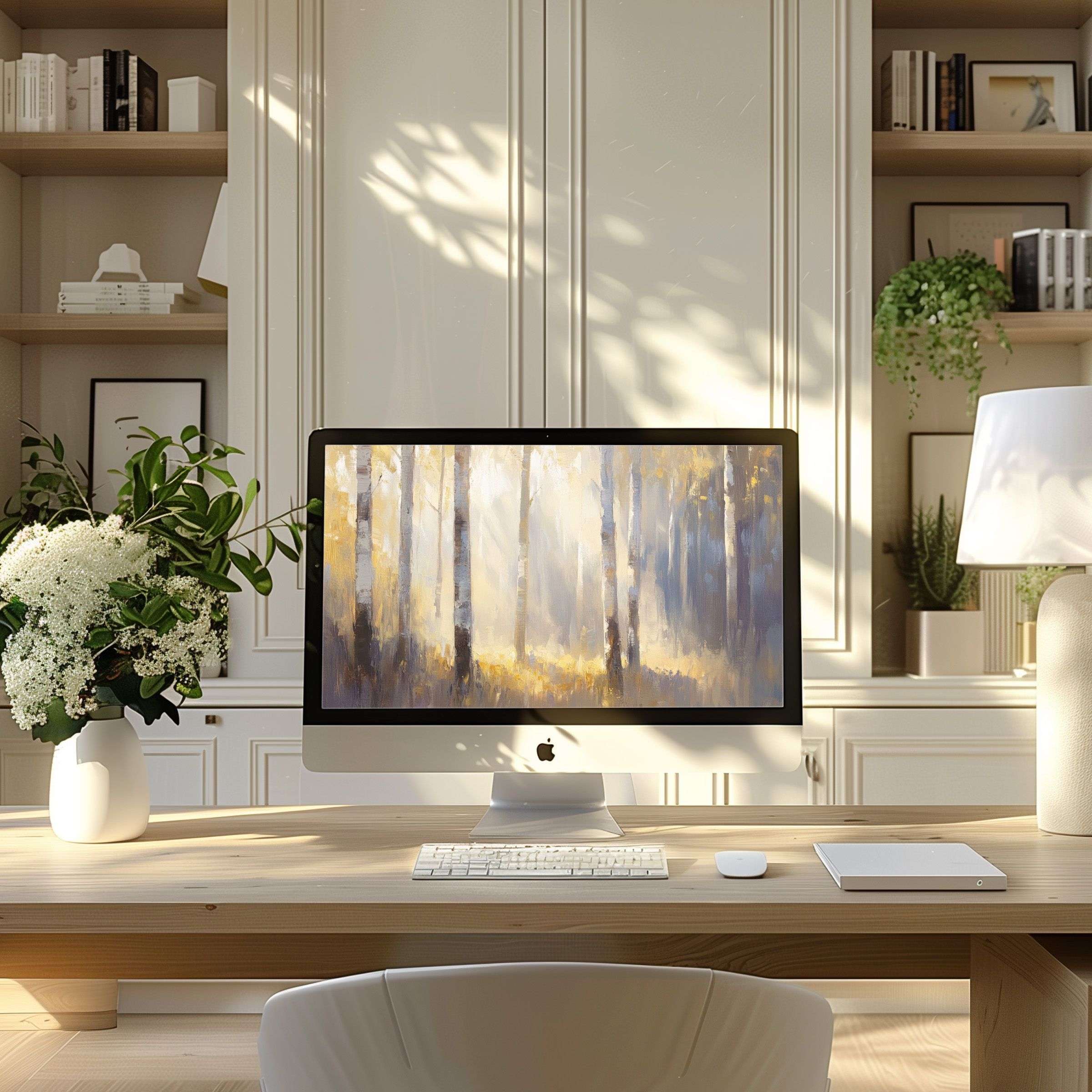 Calming forest-themed wallpaper for computer enhances modern home office, offering inspiration and elegance for PC and laptop users