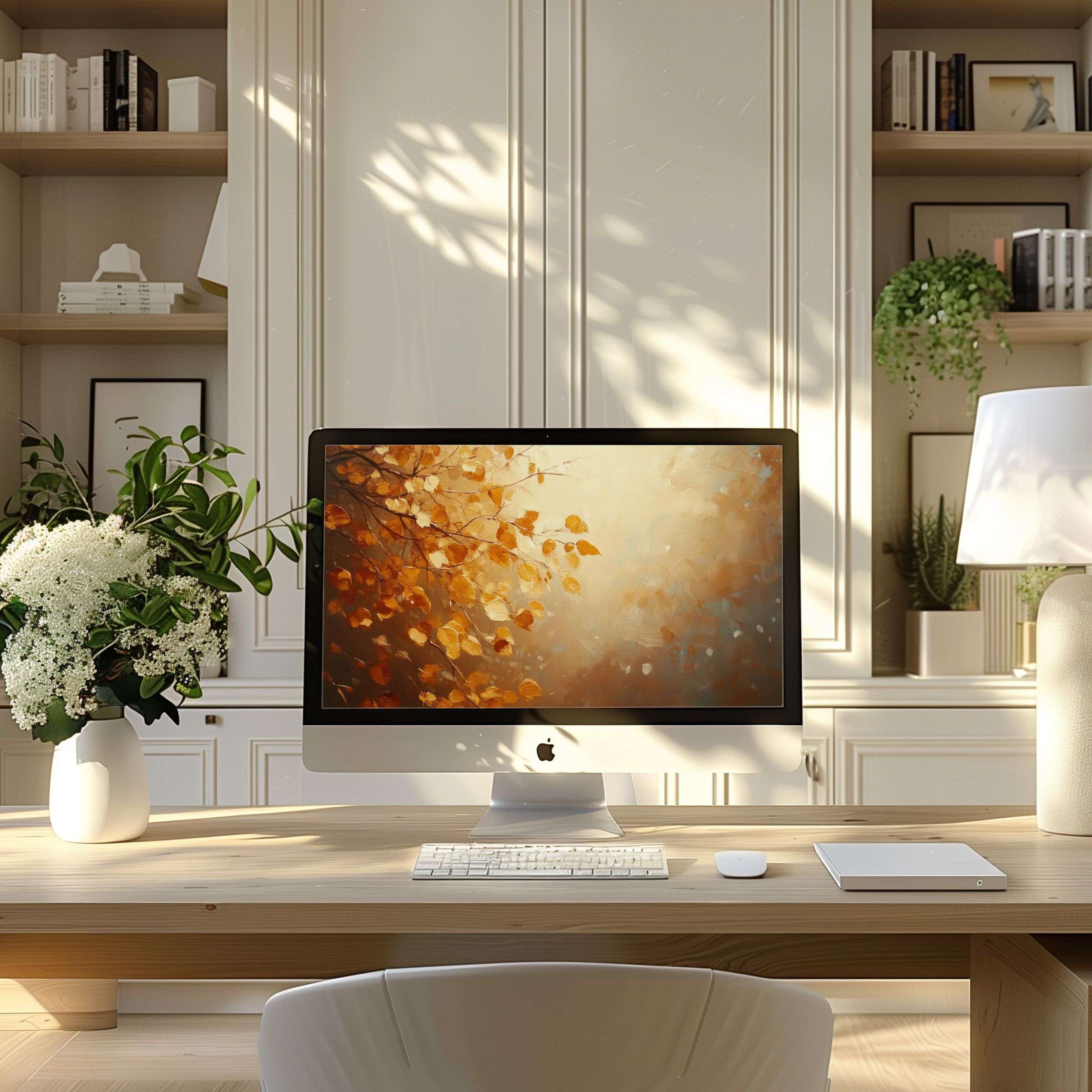 Elegant autumn foliage digital wallpaper for computer creates calm inspiration in modern home office setting for PC and laptop use