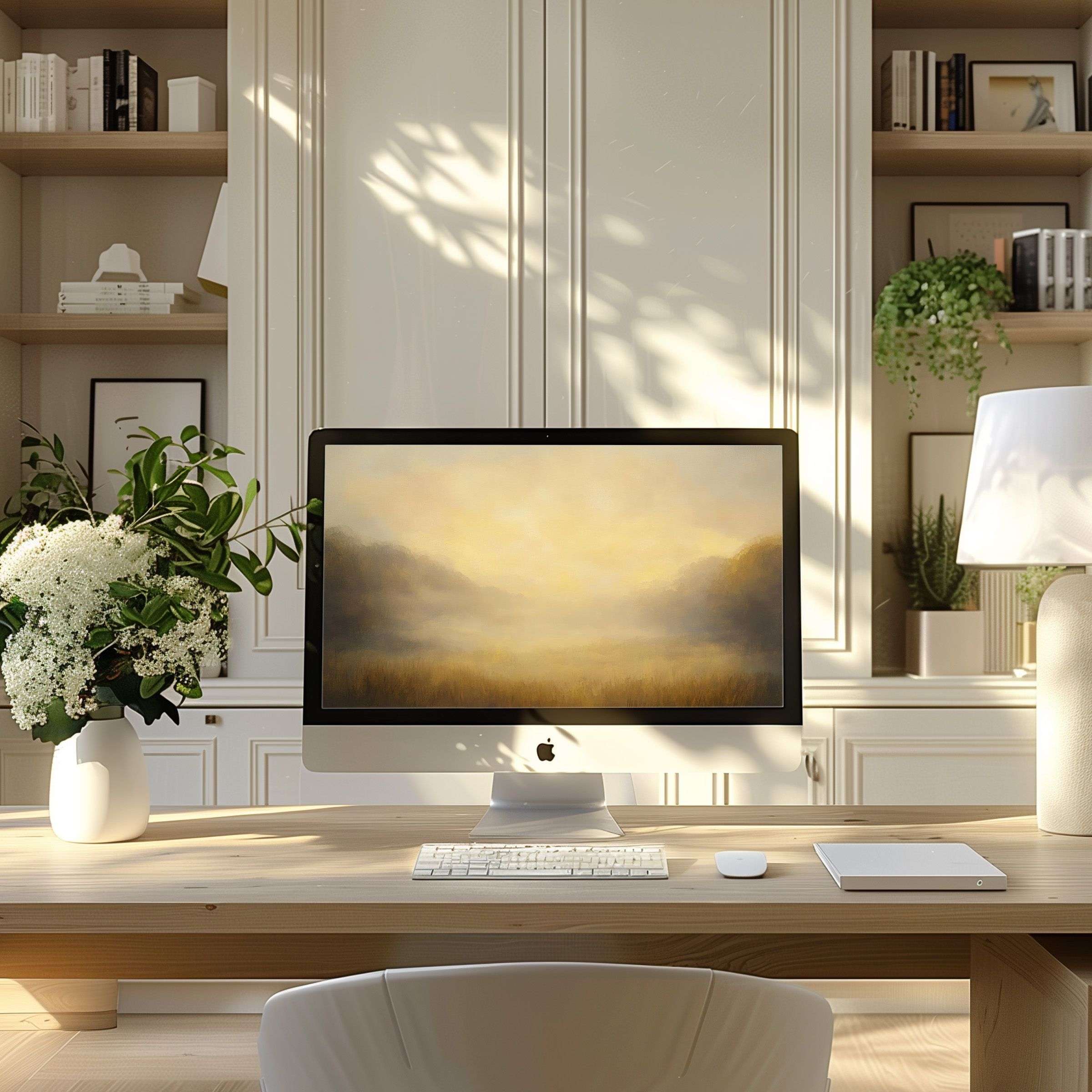 Elegant landscape artwork wallpaper for computer enhances any modern home office, suitable for PC or laptop, inspiring calm and balance