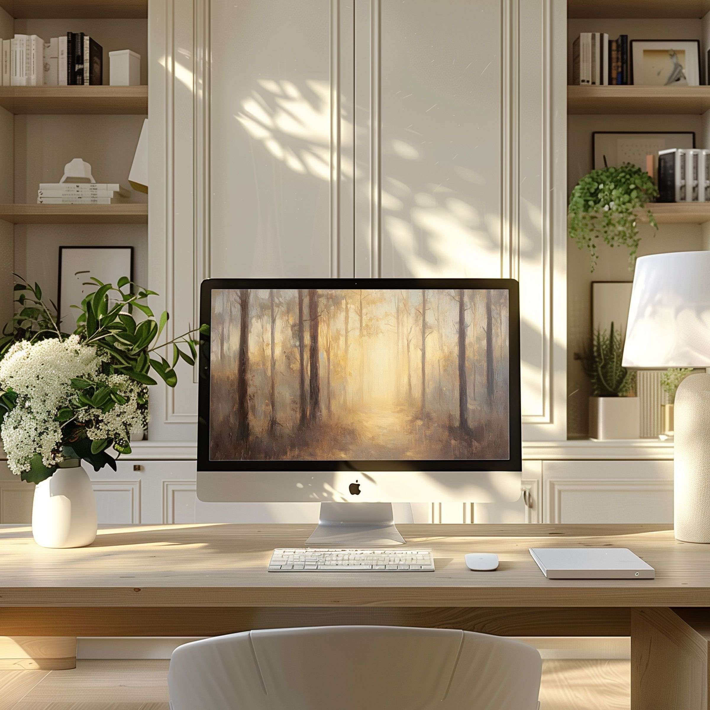 Calming forest art wallpaper for computer brings elegance to your PC or laptop, perfect for modern home office inspiration
