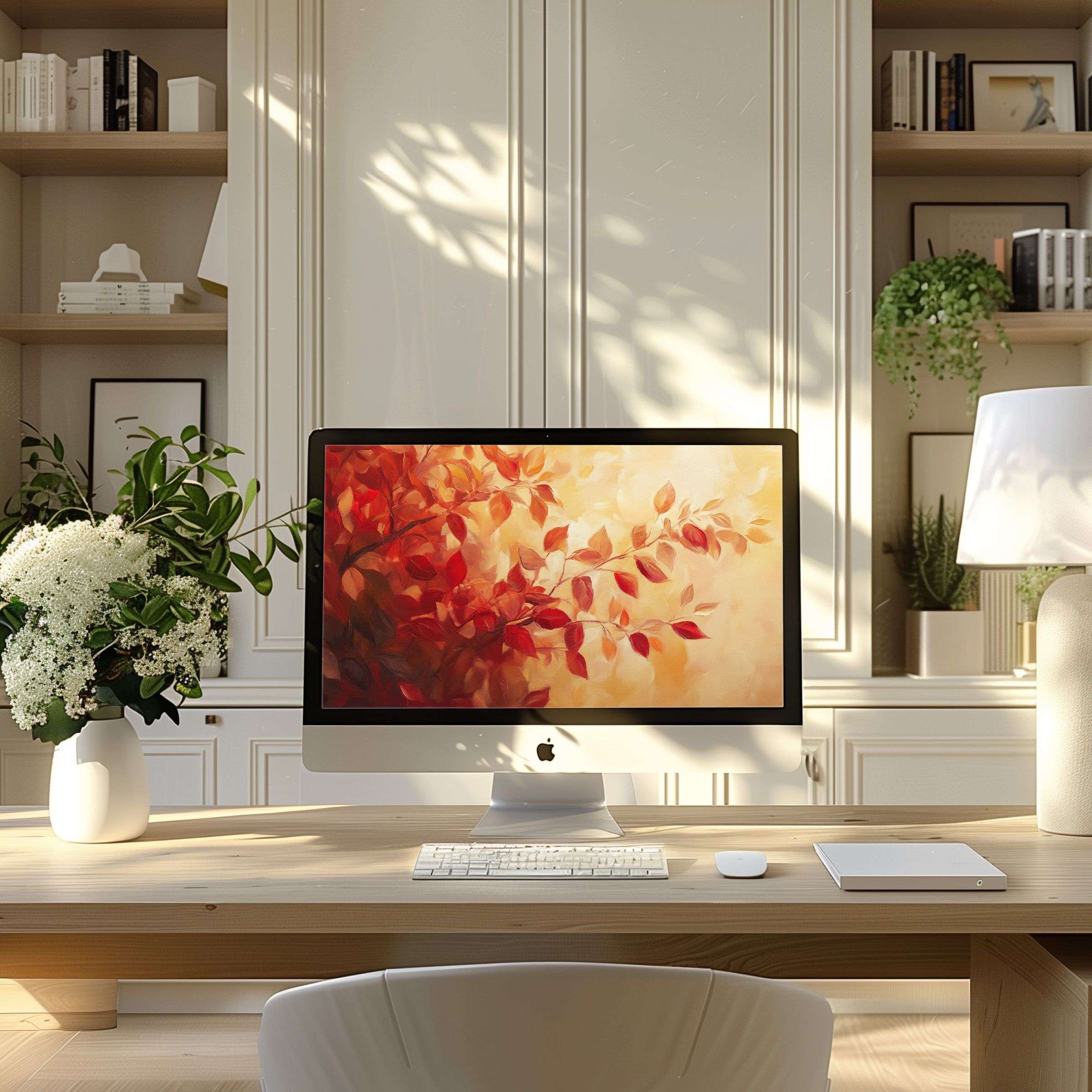 Elegant autumn leaf digital art wallpaper for computer creates a calm, inspiring space; ideal for PC, laptop, or ultrawide