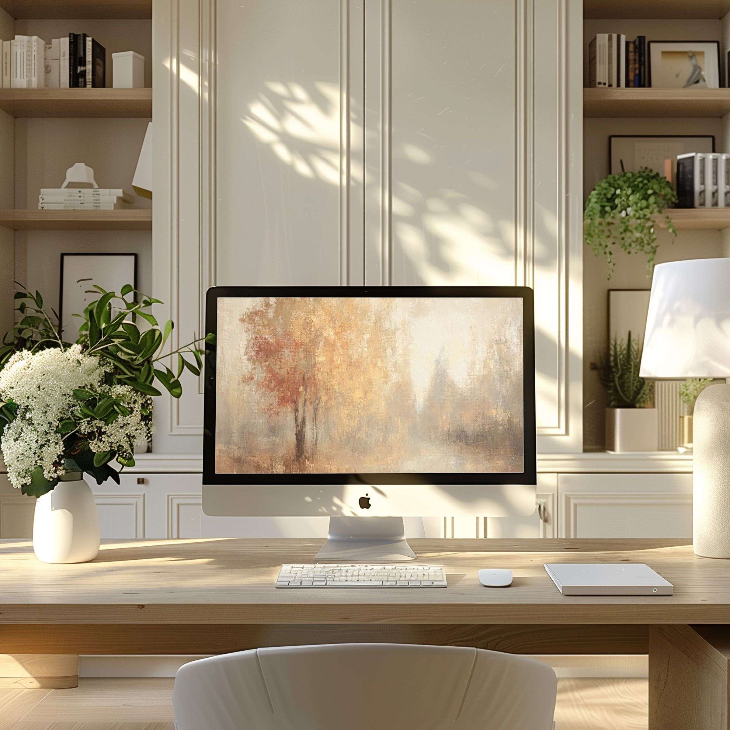 Elegant autumn-inspired wallpaper for computer displays on modern PC, laptop in serene home office setting, calming digital download