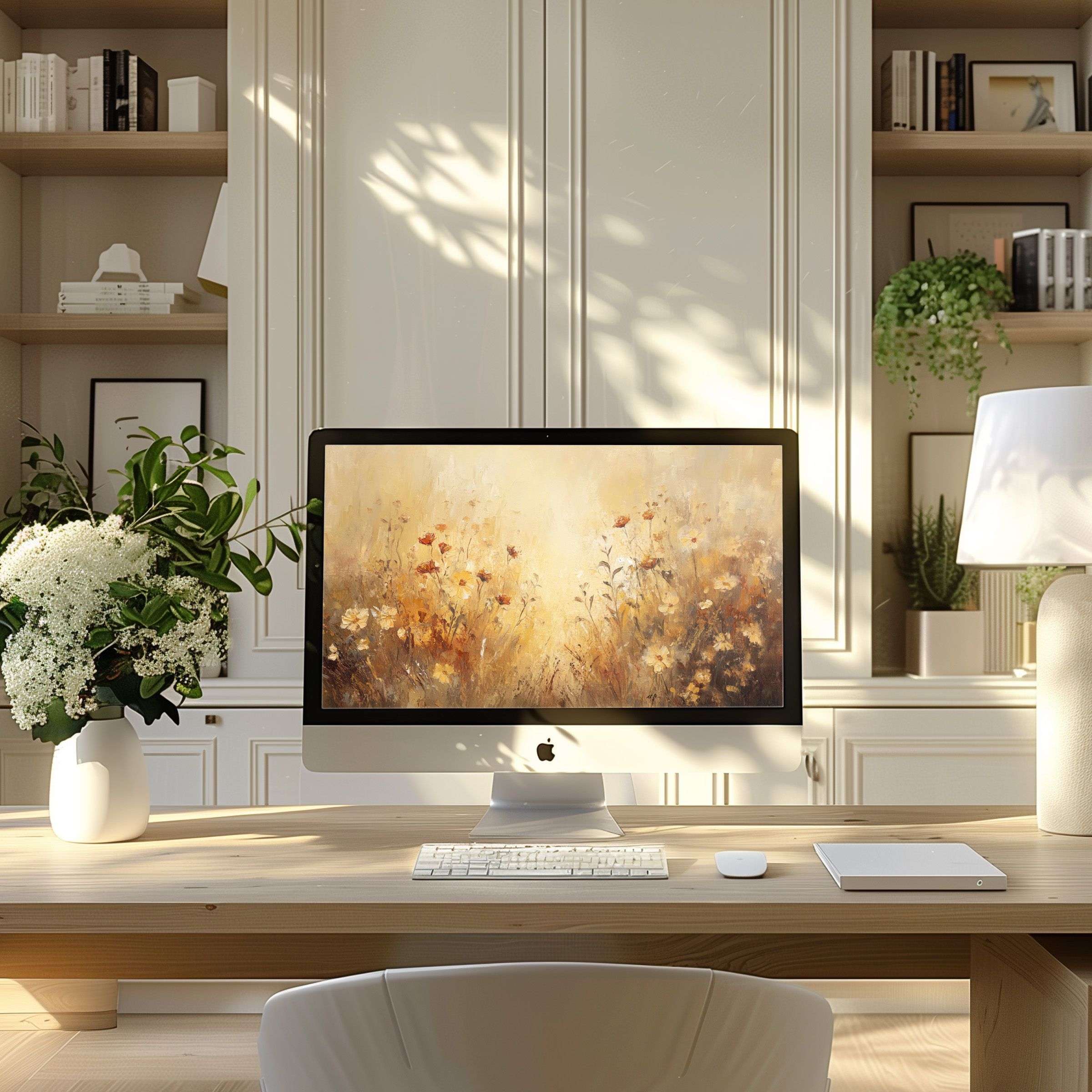 Elegant floral digital art offers a calming wallpaper for computer, PC, and laptop in a modern home office, inspiring serenity