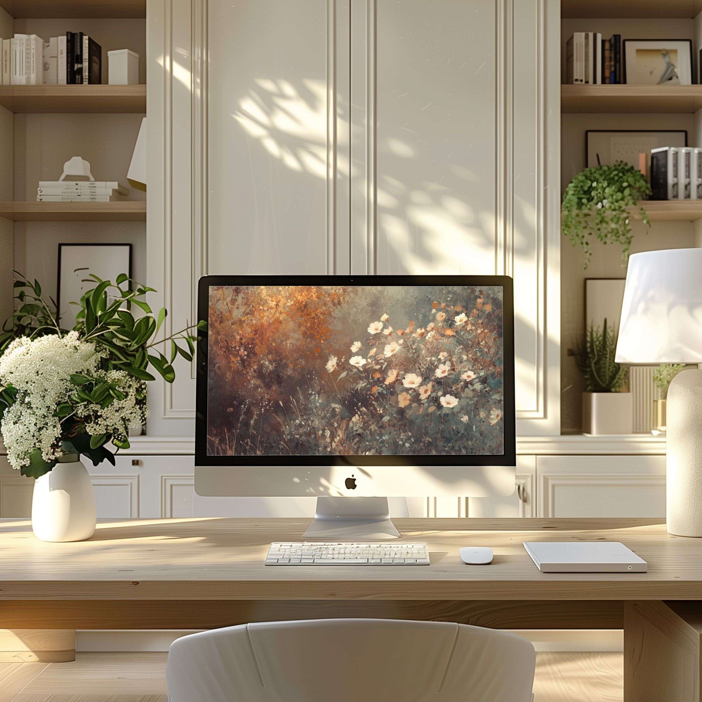 Elegant wallpaper for computer with floral art inspires a calm ambiance in modern home office suitable for PC, laptop use