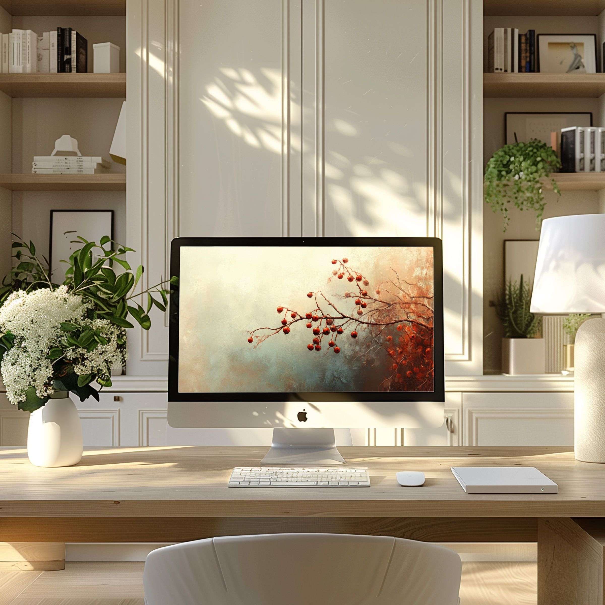 Elegant digital art of red berries creates a calming workspace vibe, perfect as a wallpaper for computer, PC, or laptop use