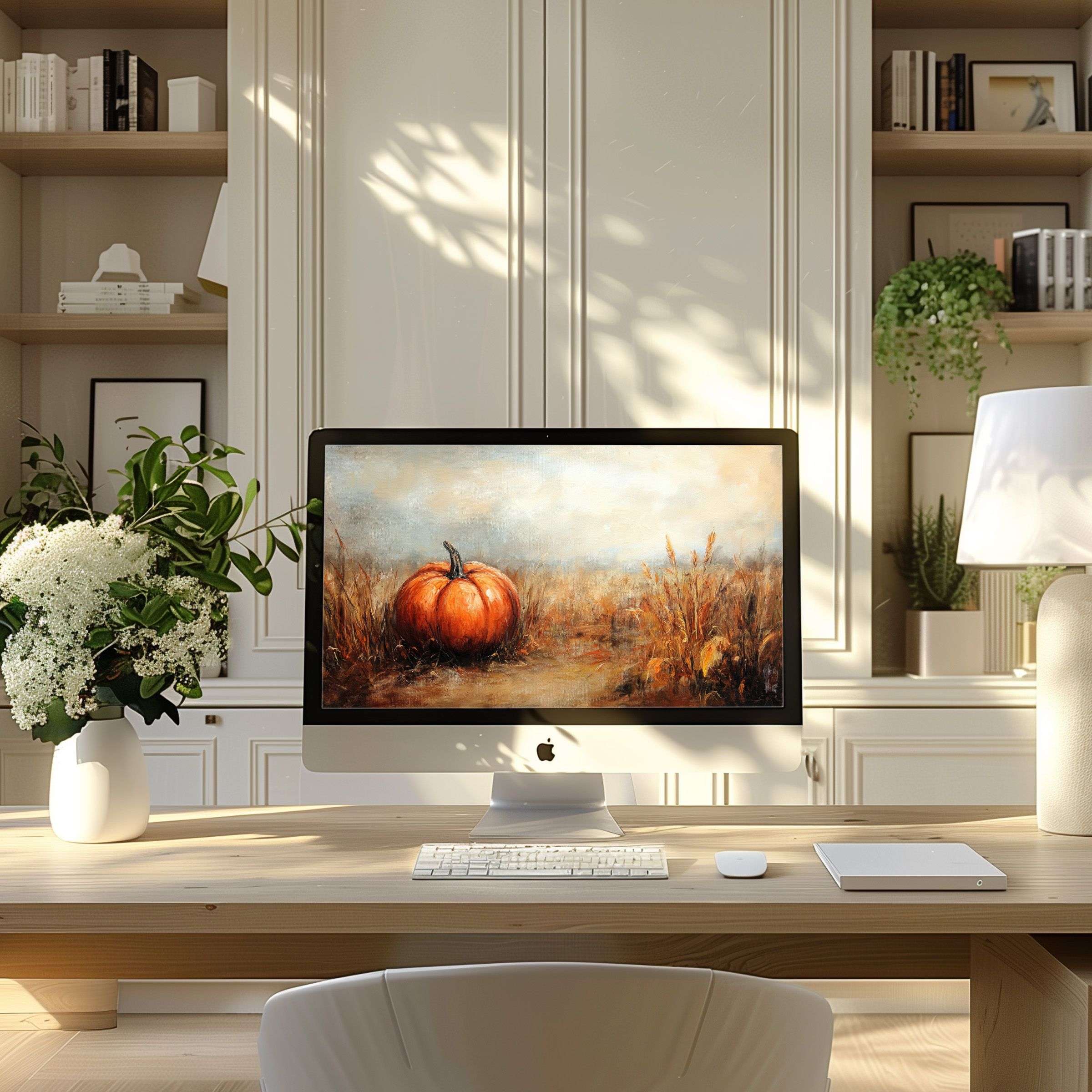 Warm autumn scene with pumpkin art elevates a modern home office, perfect wallpaper for computer, PC, laptop, digital download