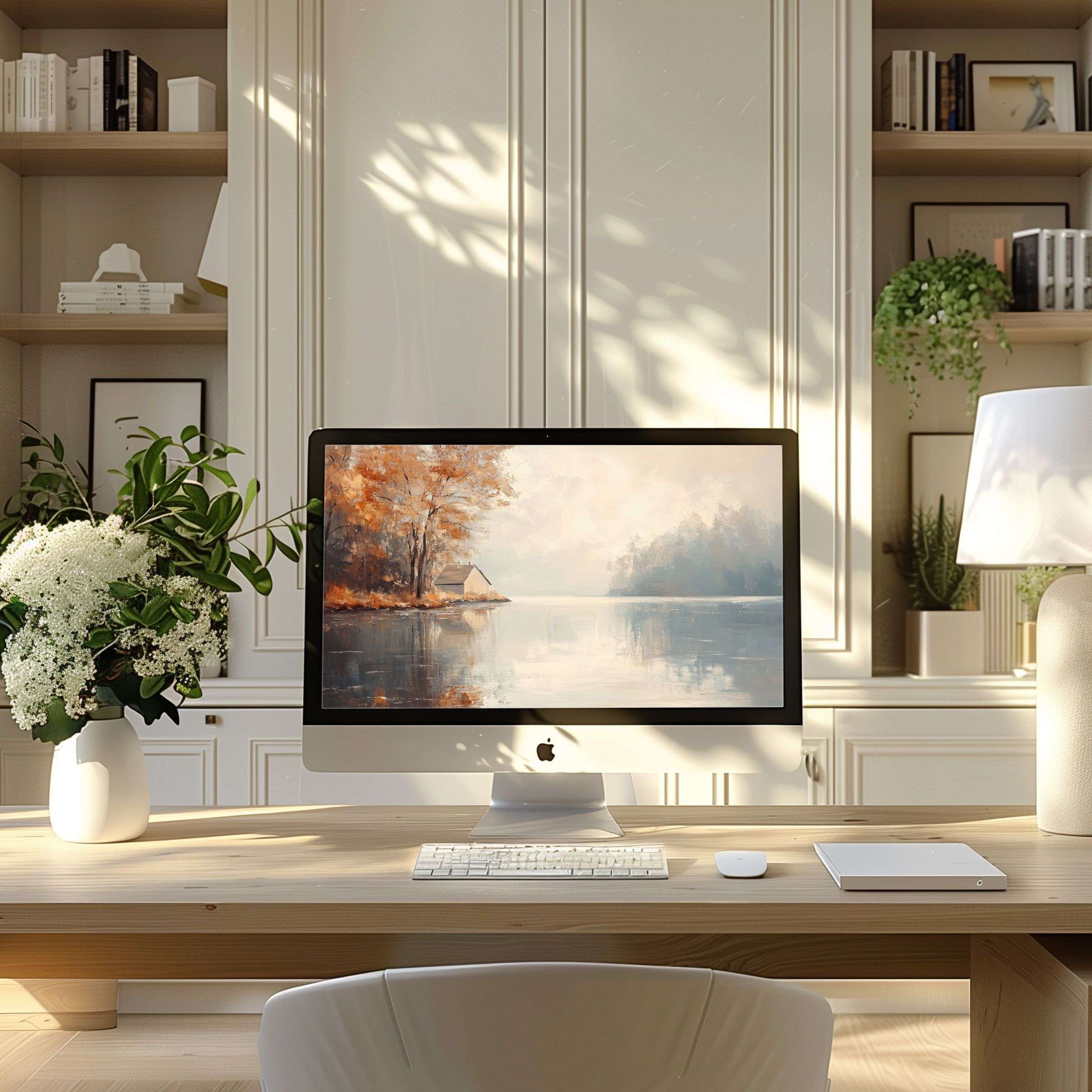 Serene landscape wallpaper for computer, PC, and laptop in a modern home office inspires calm and elegance as digital download