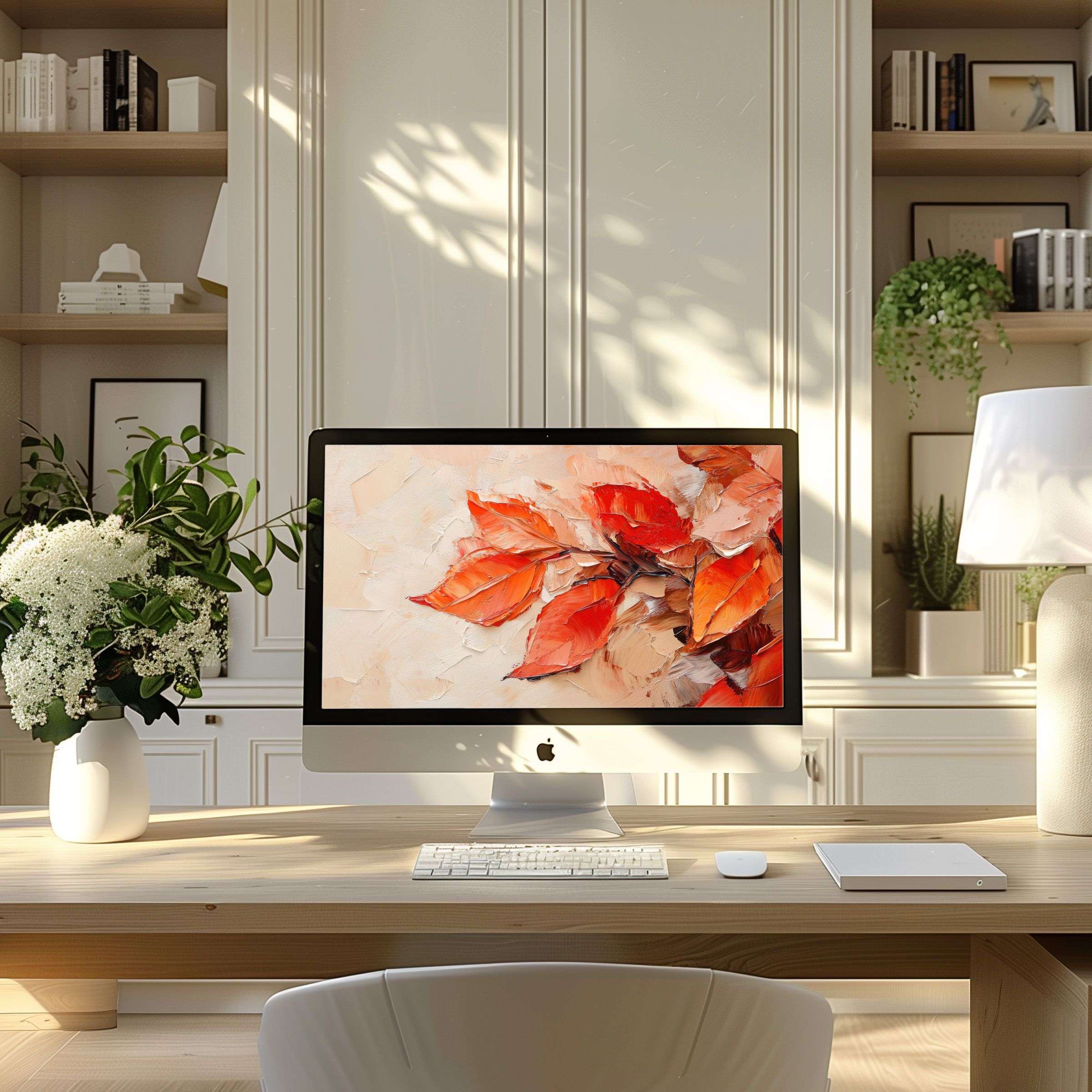 Elegant digital art with vibrant red leaves inspires calm in a modern home office, perfect wallpaper for computer, PC, and laptop