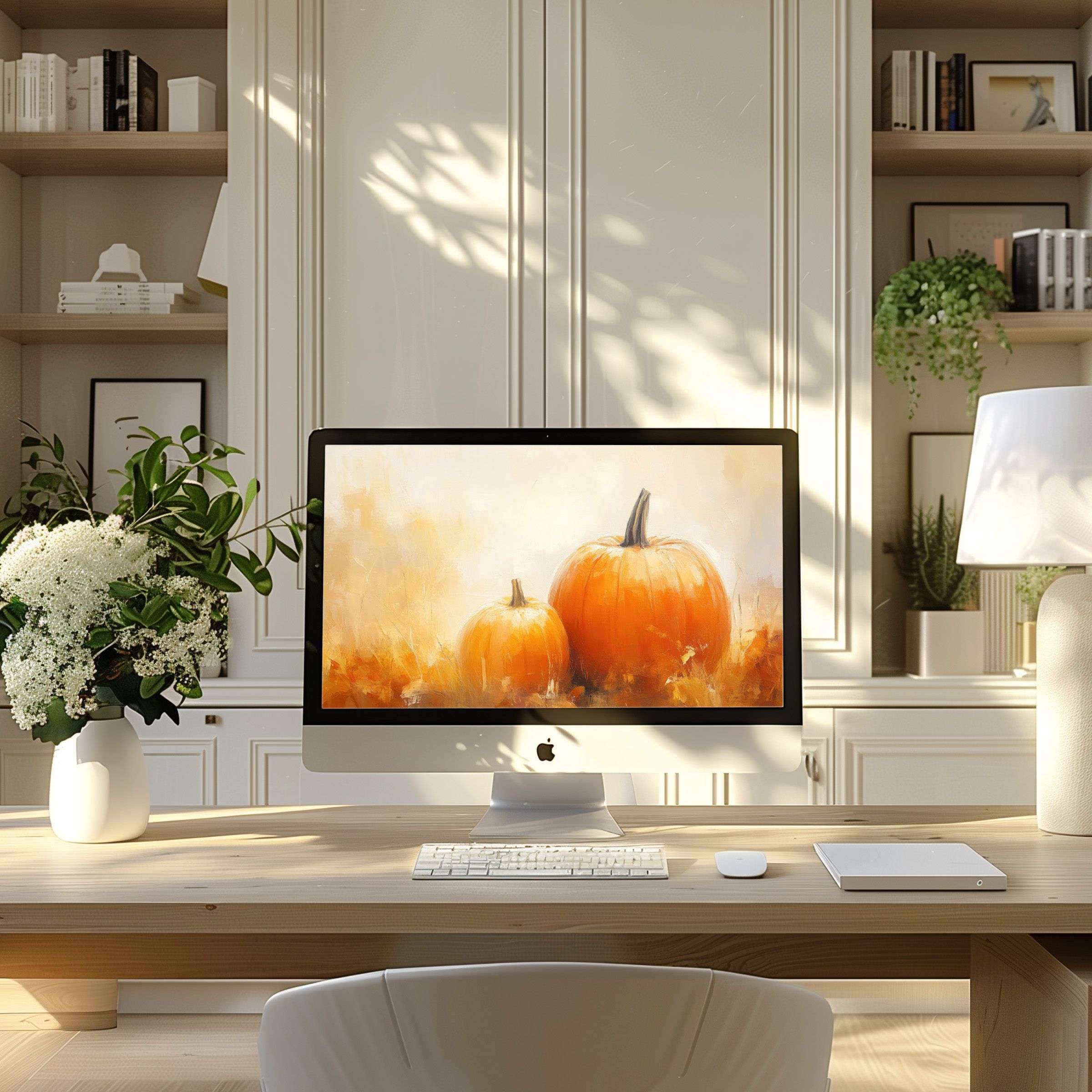 Elegant pumpkin art wallpaper for computer, PC, and laptop adds calm, inspiring flair to a modern, chic home office setting