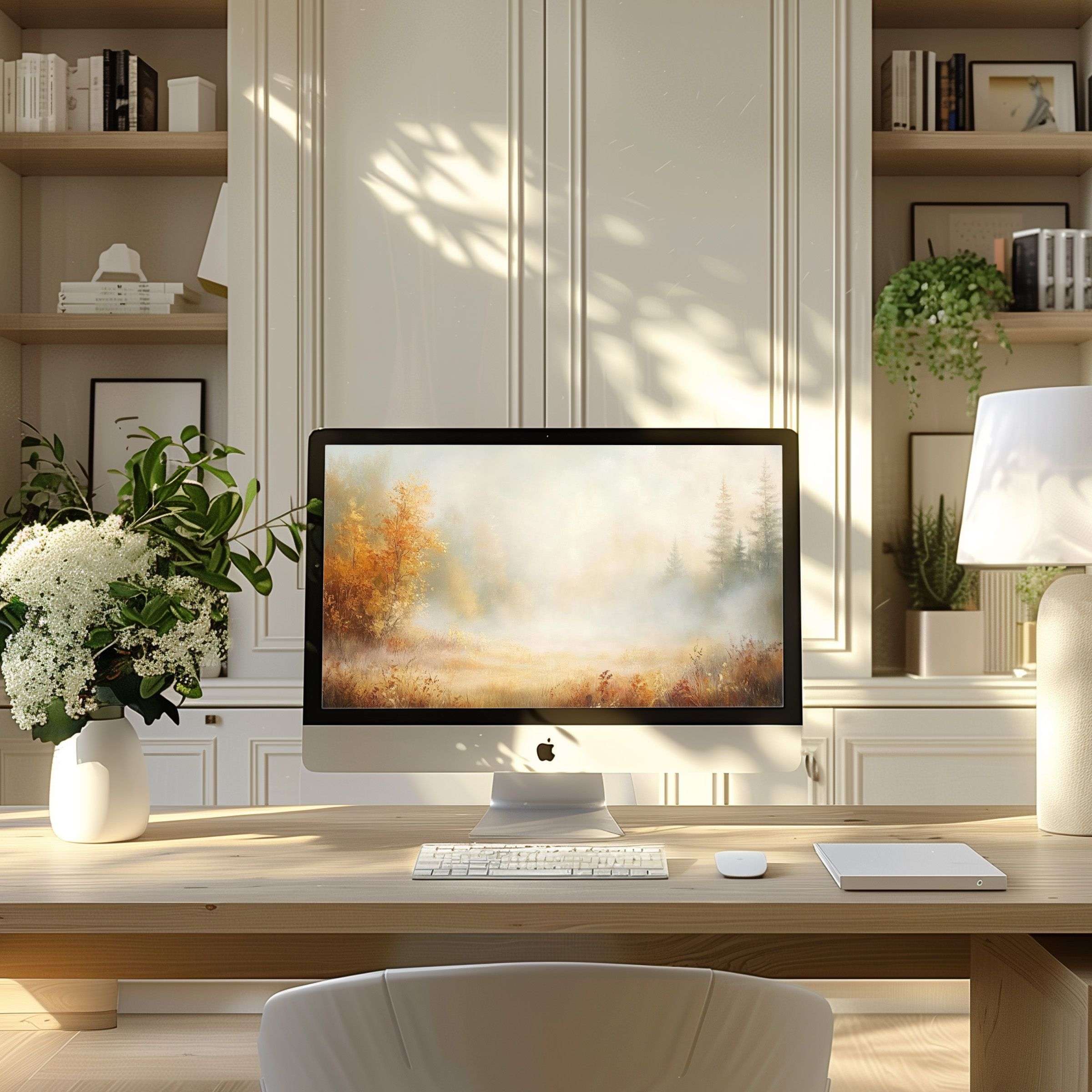 Calm and elegant wallpaper for computer with autumnal tones, perfect for PC or Laptop in a modern, serene home office setting