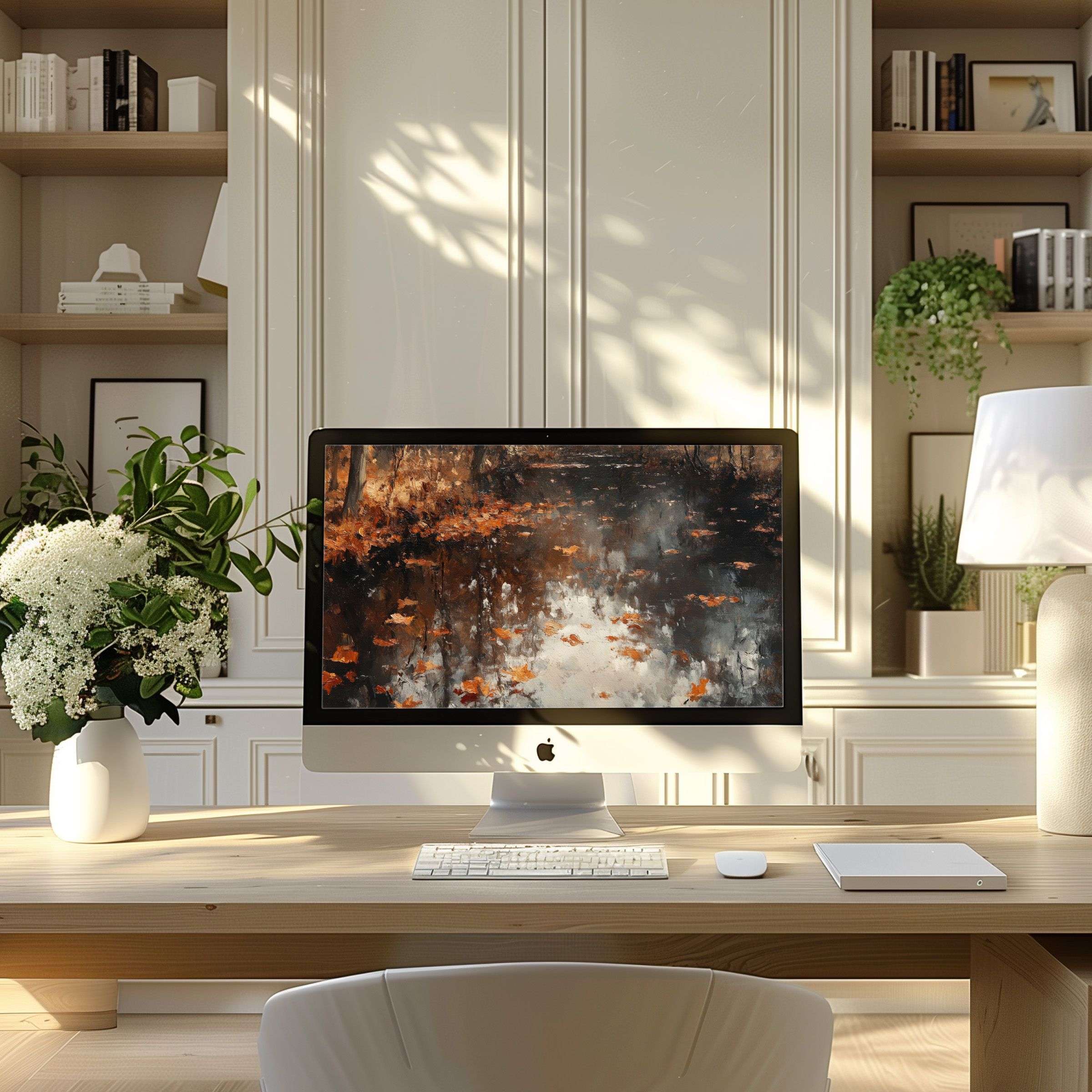 Elegant abstract art as a wallpaper for computer, PC, or laptop, inspiring calm in a modern home office setting