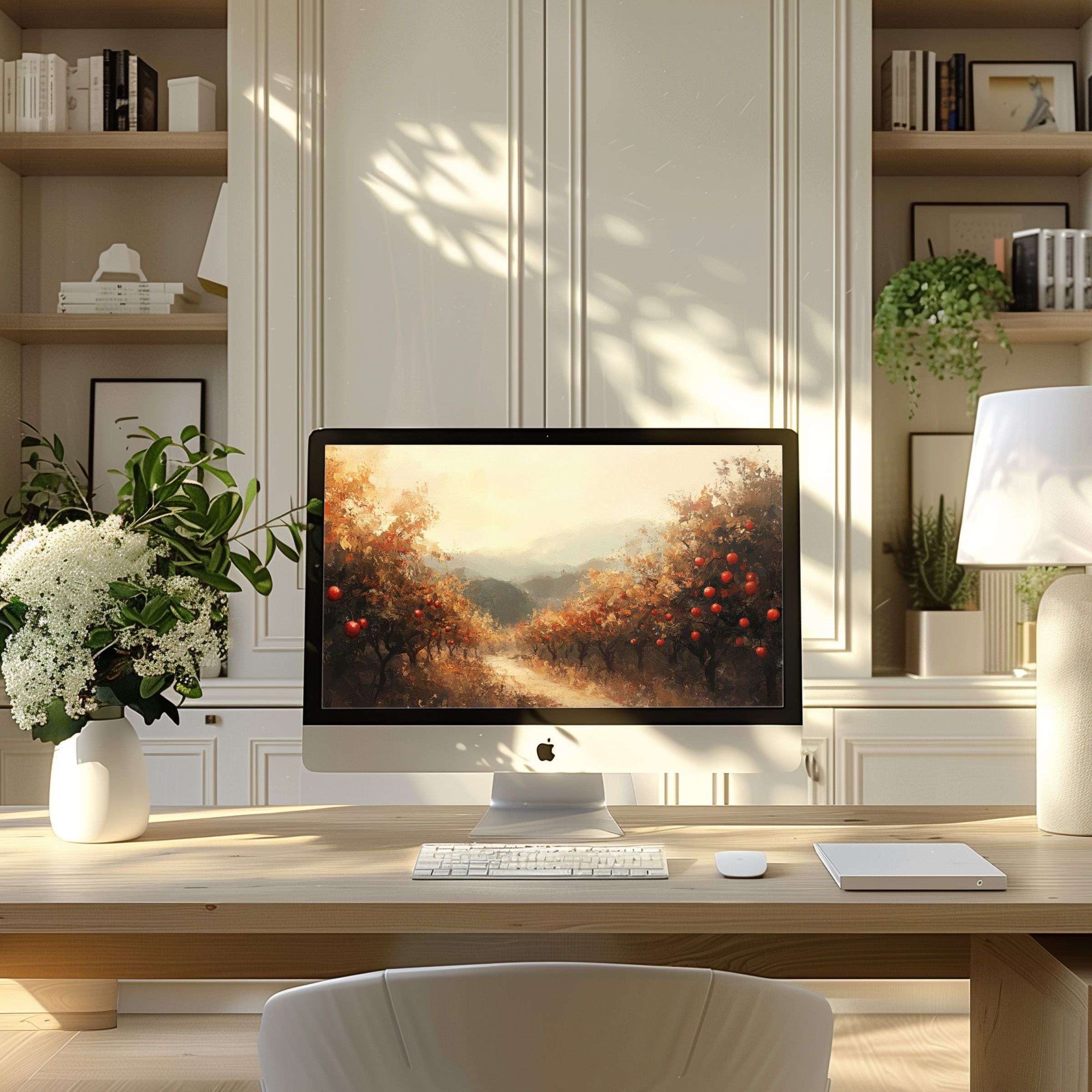 Elegant autumn landscape art as calming wallpaper for computer at a modern desk setup, fits PC and laptop, digital download
