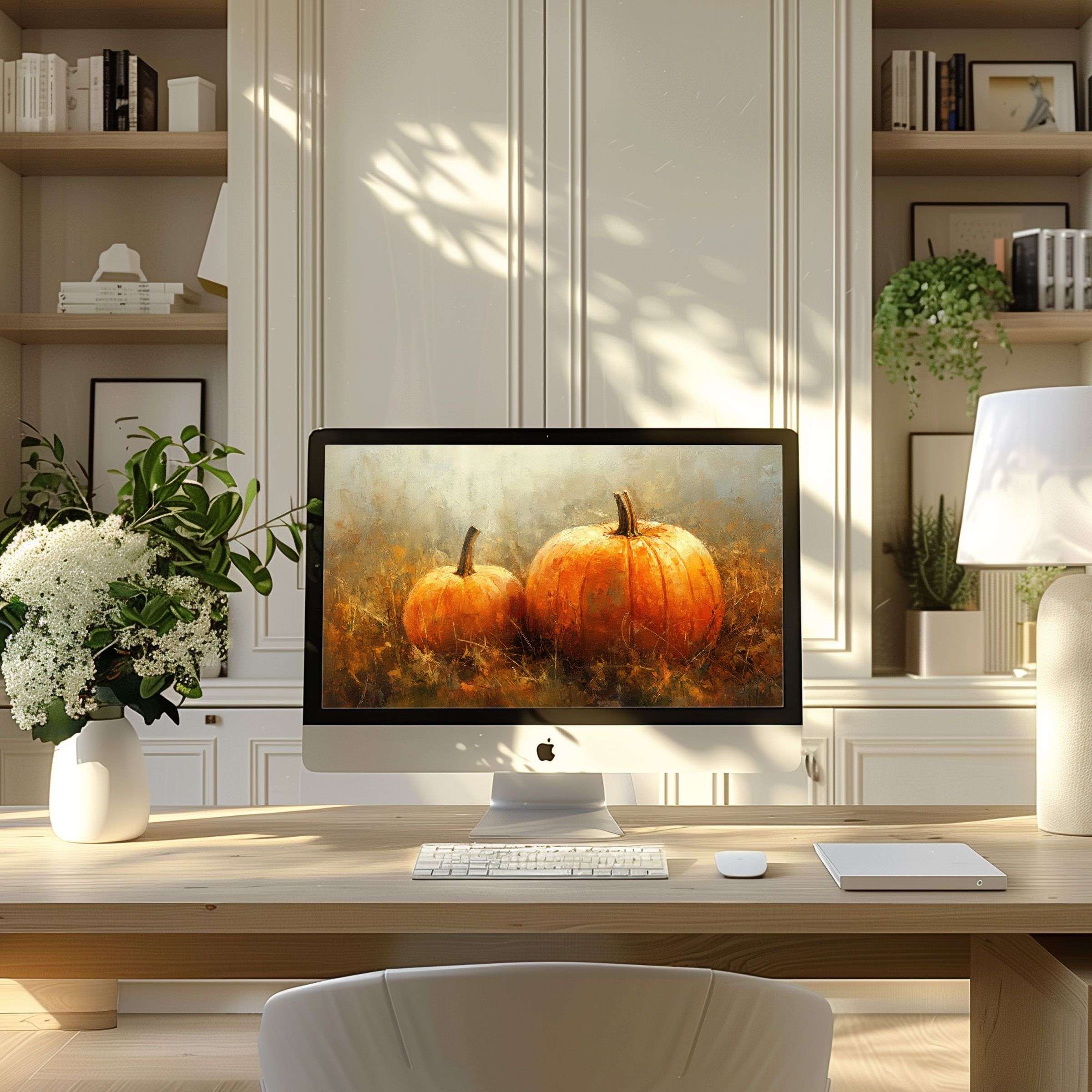 Inspiring pumpkin-themed digital art wallpaper for computer enhances a modern home office setup, ideal for PC and Laptop displays