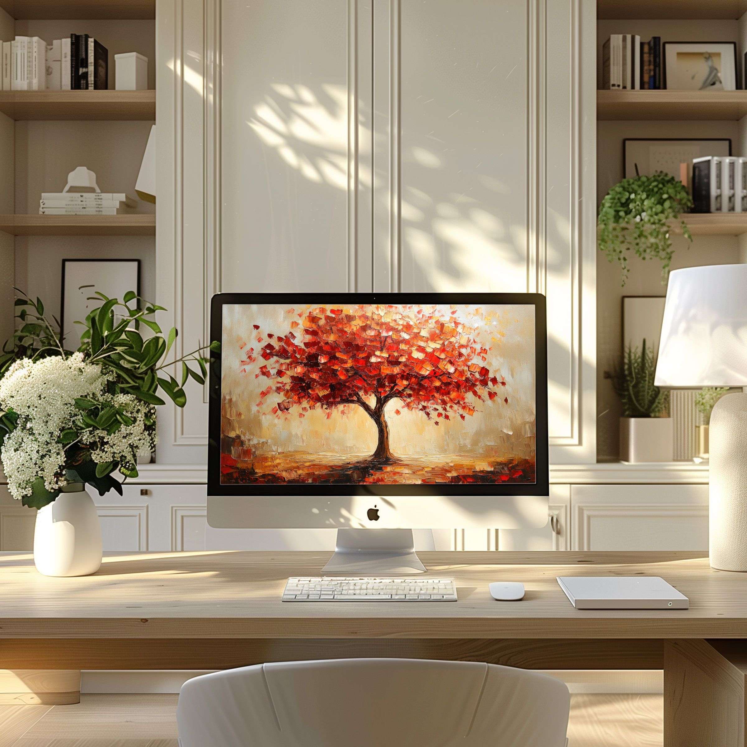 Elegant digital art tree wallpaper for computer providing calm inspiration for PC and laptop in a modern home office setup