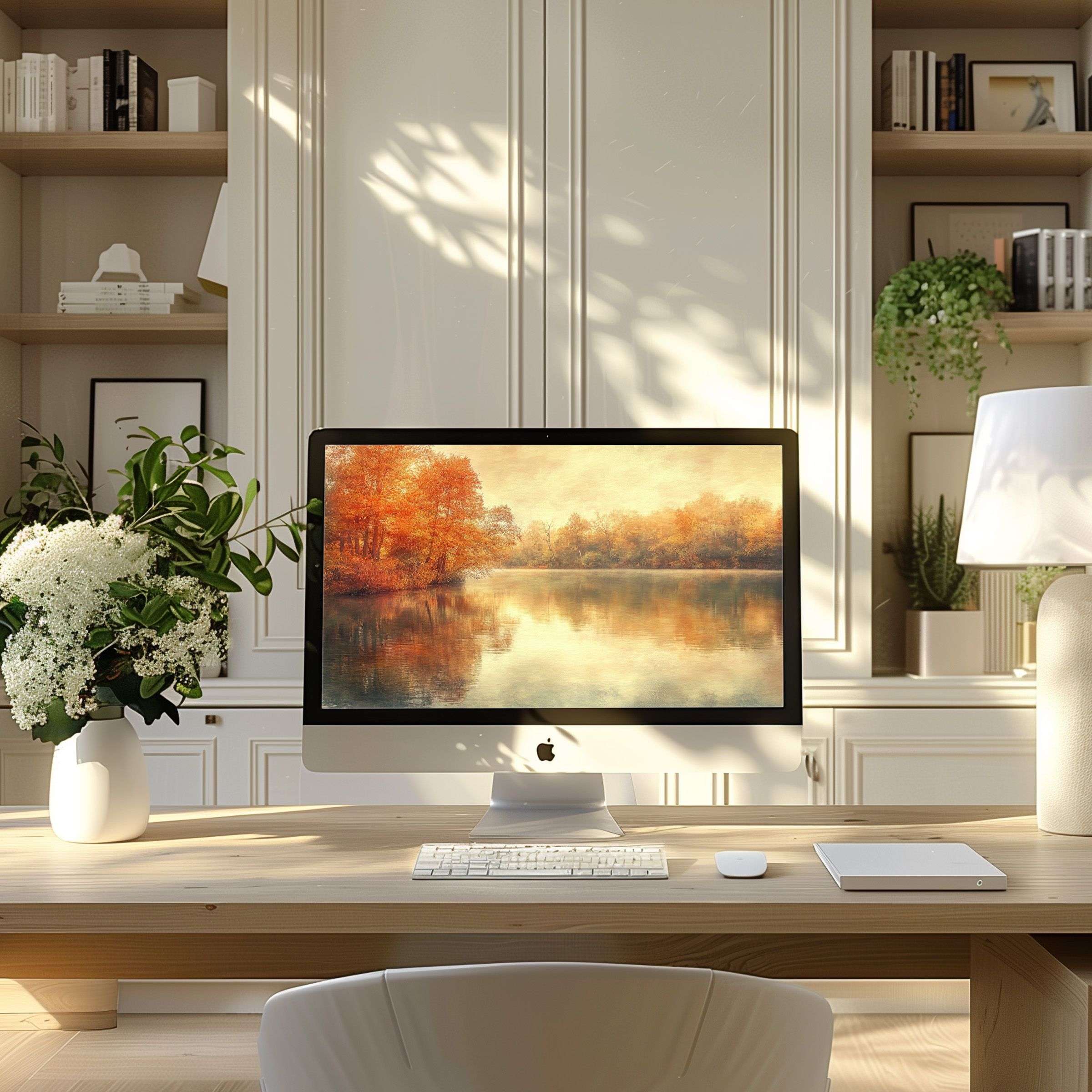 Elegant autumn landscape wallpaper for computer brings calm to a modern home office, ideal for PC and laptop digital download