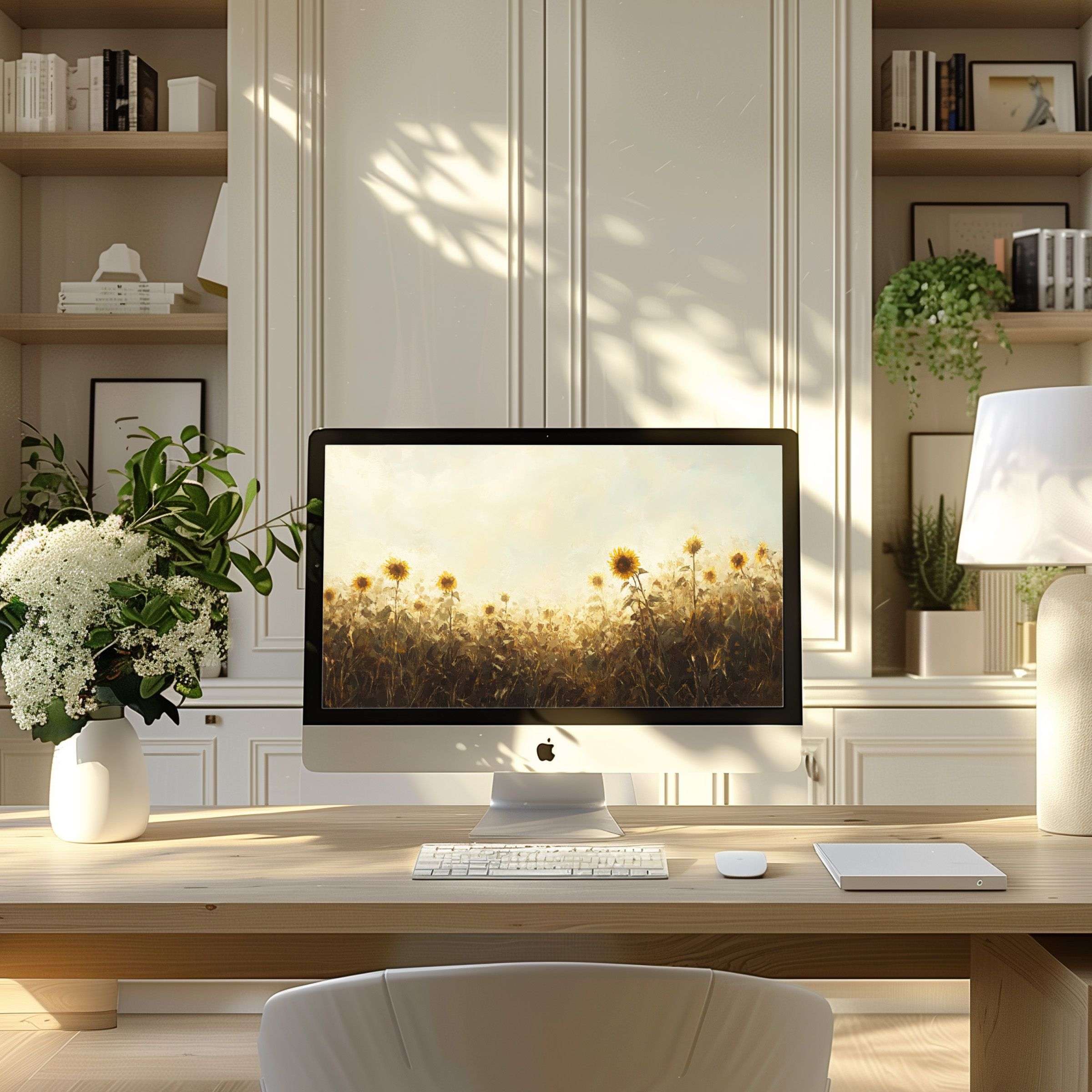 Elegant digital sunflower art enhances a serene modern home office, perfect wallpaper for computer, PC, and laptop screens, inspiring tranquility