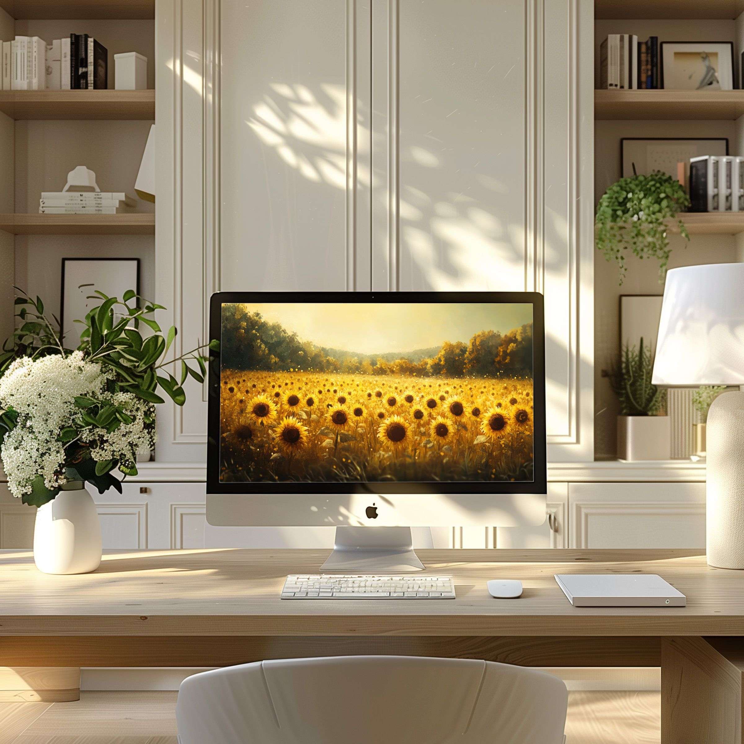 Sunny field digital wallpaper for computer brings elegance to modern home offices, perfect for PC or laptop inspiring tranquility