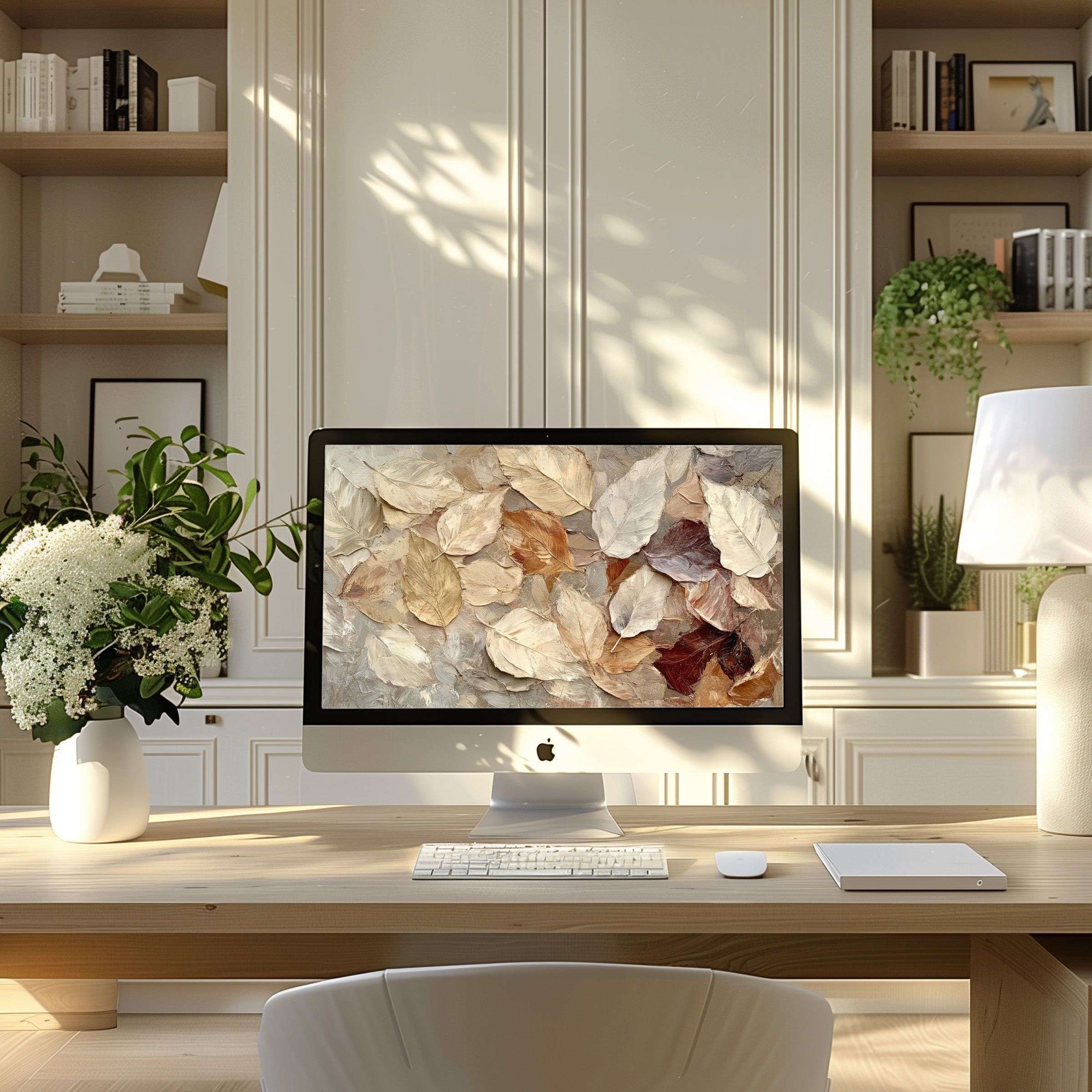 Elegant foliage wallpaper for computer enhances modern home office ambiance, offering calm, inspiring visuals for PC or laptop screens