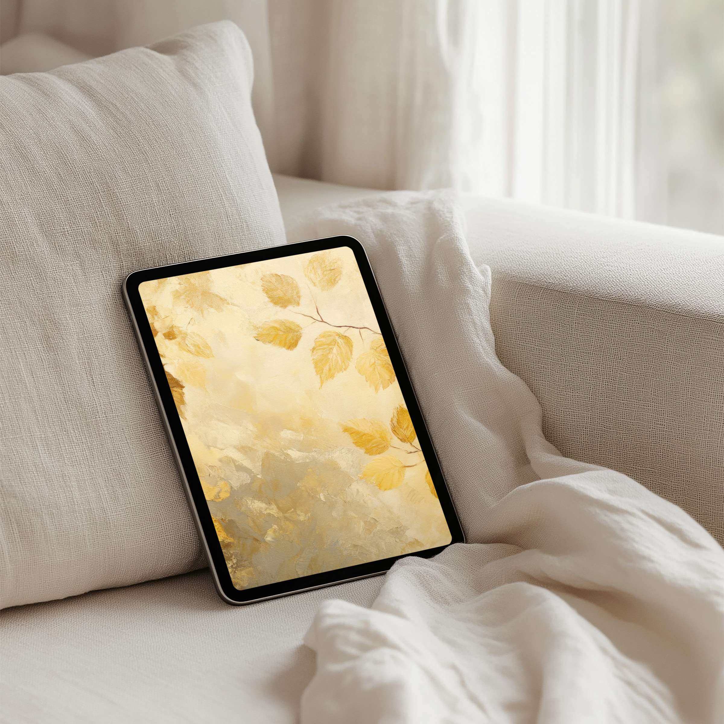 Warm iPad background with golden leaves offers tablet users calm inspiration and instant download for mindful interior elegance