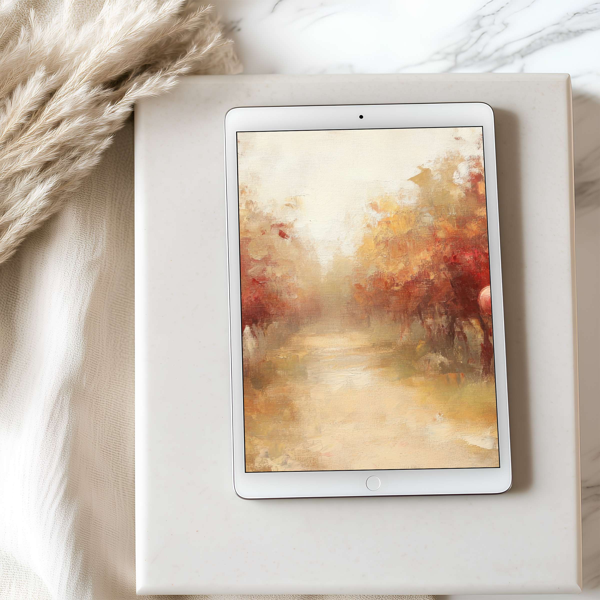 Elegant autumn tablet wallpaper with warm reds and oranges, perfect for a high resolution iPad, offering serene digital download