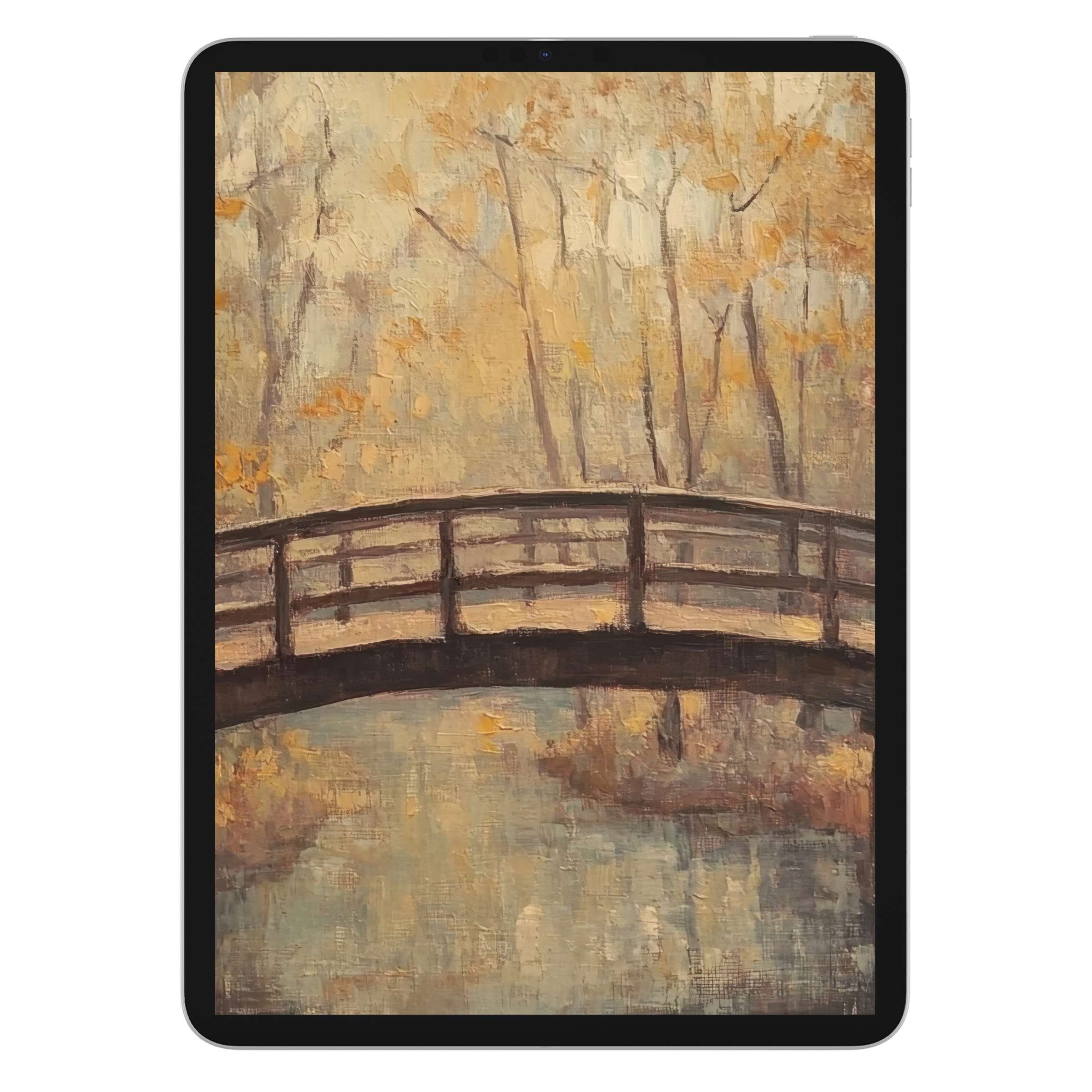 Elegant fall iPad wallpaper showcasing a serene bridge over water in muted tones, perfect digital download for tablet backgrounds