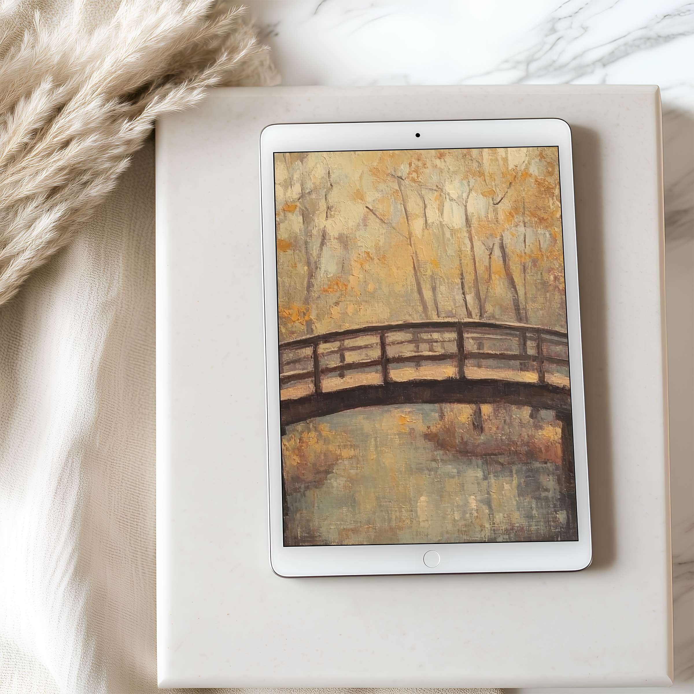 Serene autumn bridge painting as tablet wallpaper, perfect for iPad and Android tablets, offering high resolution digital download tranquility