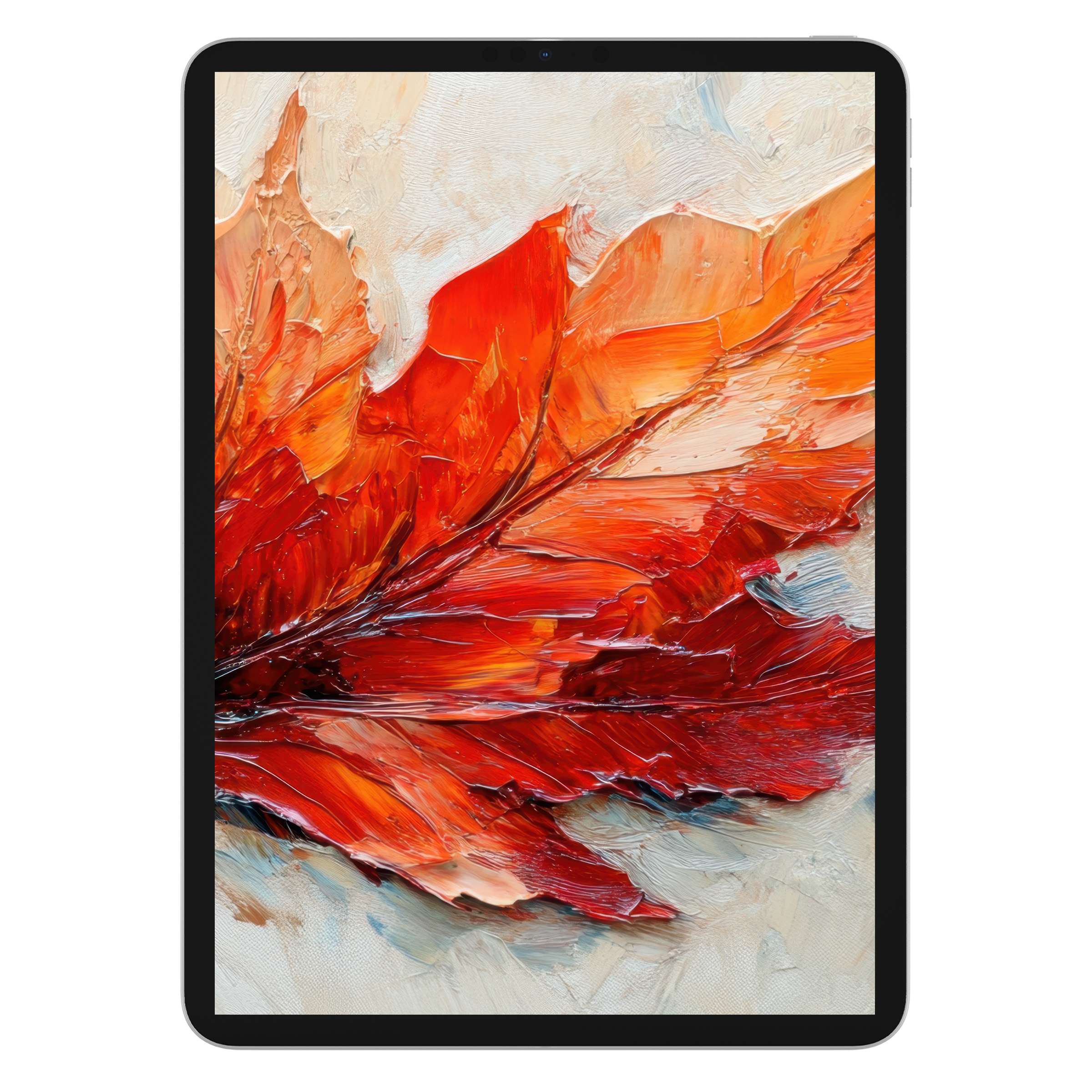 Vibrant fall iPad wallpaper featuring a rich red oil-painted leaf texture, perfect digital download for tablet backgrounds and tranquility