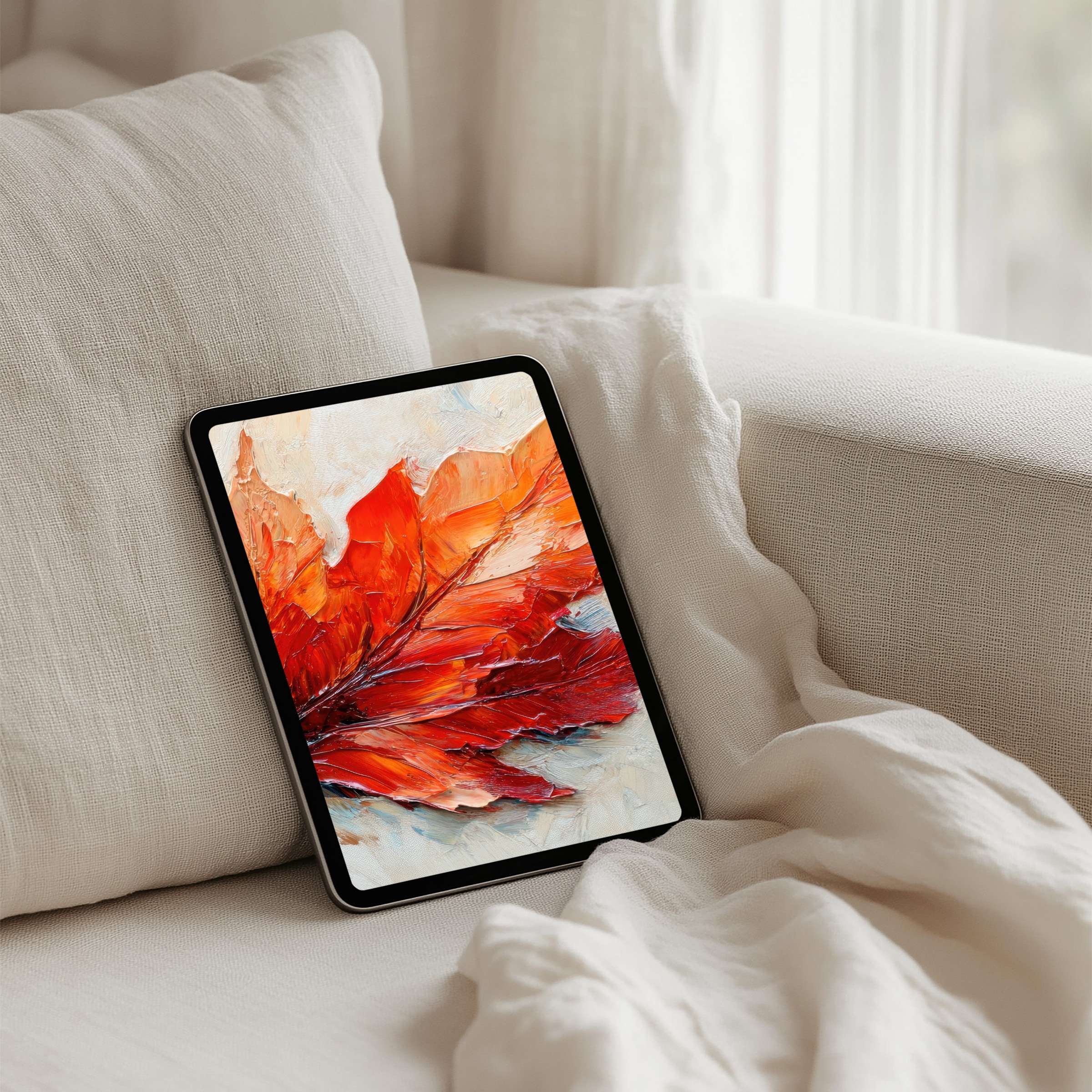 Elegant iPad background with vibrant red leaves offers inspiration and calm, perfect for instant download on any tablet